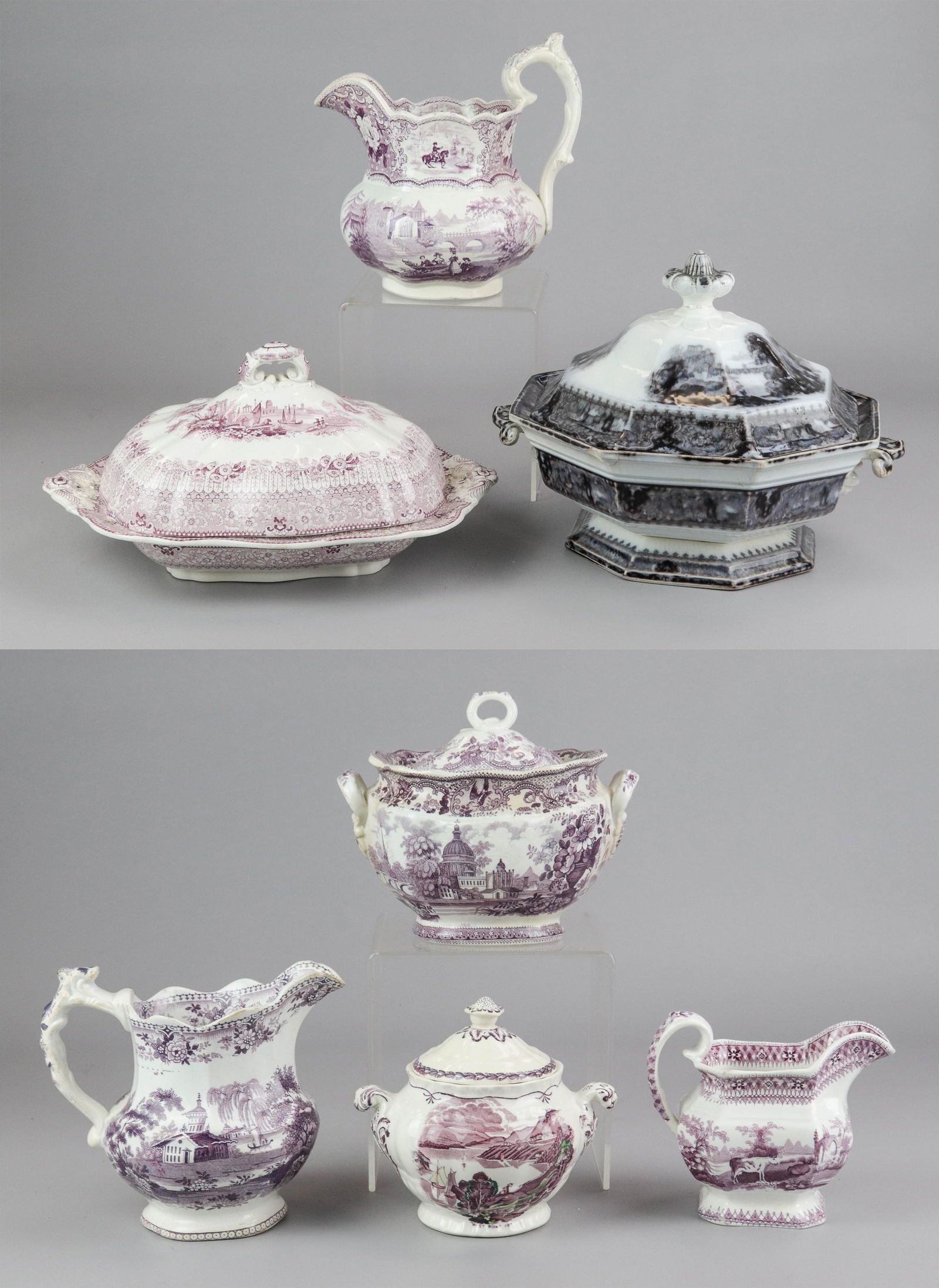 (7) Transferware Serving Pieces: (7) Porcelain transferware serving pieces, c/o 8" h mulberry Burella pitcher (crazing), 6-1/4" h unmarked mulberry pitcher with church & sailboats (chips to rim), 7-1/4" w x 6" h mulberry Cathedral su
