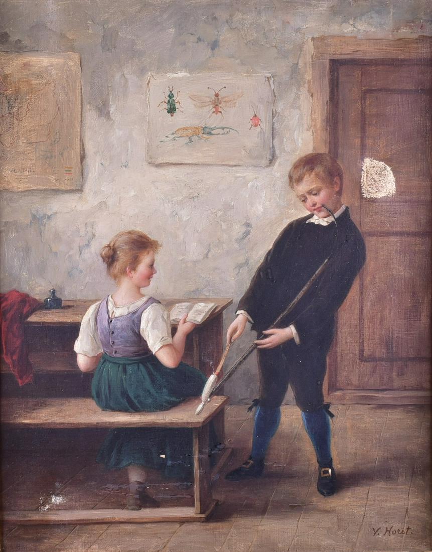19th c. Continental Painting in Carved frame: 19th c. Continental Painting in Carved frame, depicting a young boy with a pipe and a young girl, oil on canvas, intricate carved gilt wood frame with gold overpaint, signed V. Horst, 21" x 16-1/2", f