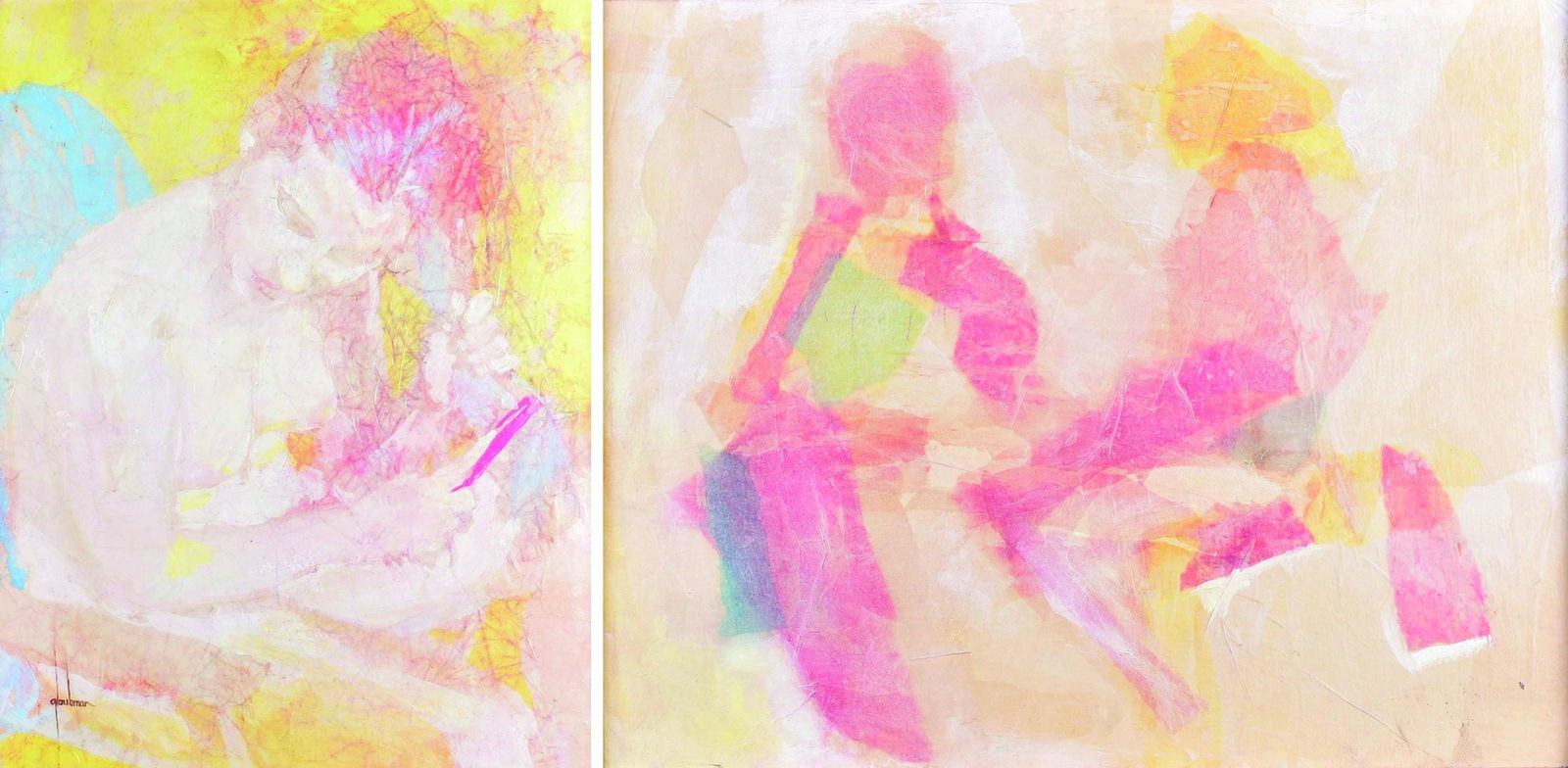 Edna Glaubman (2) Modern Paintings: Edna Glaubman (American, 1919-1986), (2) modern paintings "Nude Brushing Hair", mixed media collage, signed "Glaubman", 26" x 20"; "Abstract Figures", mixed media collage, unsigned, 16" x 20", largest