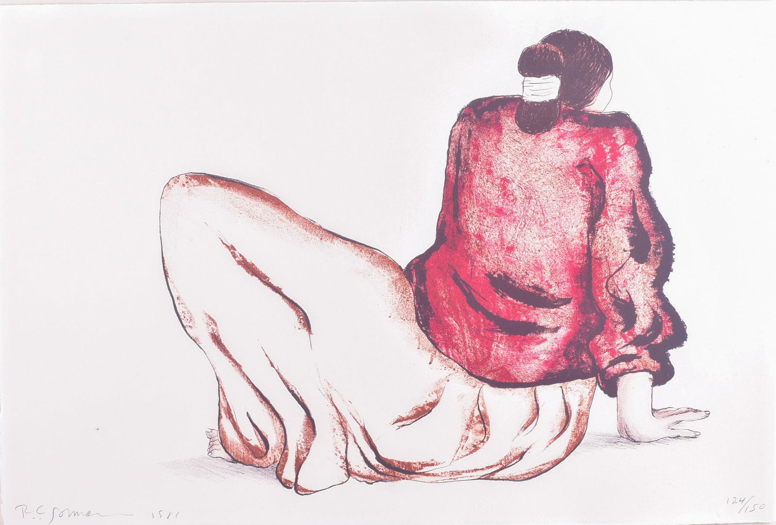 R C Gorman Signed Lithograph: R C Gorman signed lithograph of a resting Native American woman, pencil signed "R. C. Gorman 1981", edition 124/150, 15-1/4" x 23" sheet, framed 24-1/2" x 32", good condition, soil marks on mat