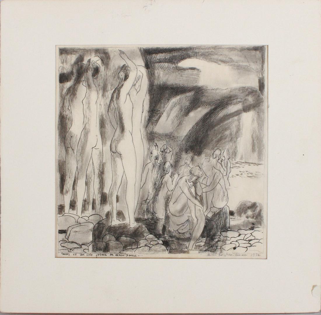 Matthew Boyham Drawing "Amers VII": Matthew Boyham (American, 1916-1996) MA artist, drawing "Amers VII", illustration inspired by a poem by Saint-John Perse, "un soir promude main divine", ink and watercolor on paper, signed "M.W. Boyha
