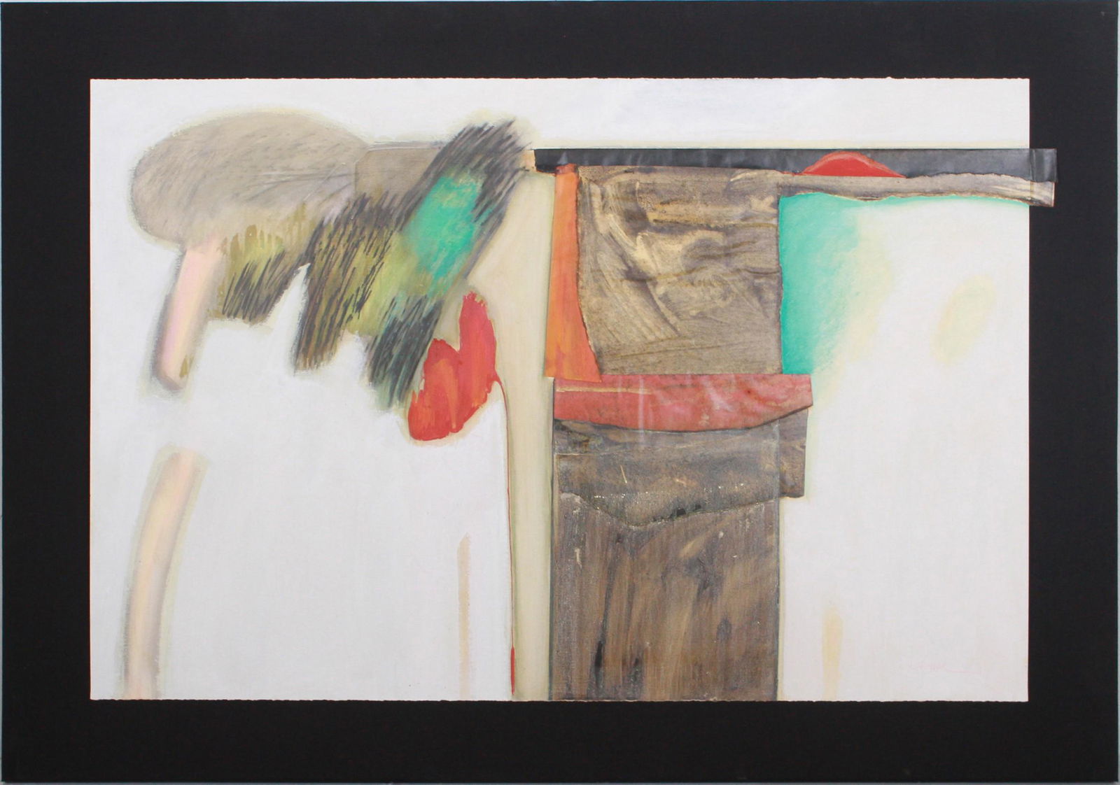 Large Abstract Expressionist Painting: Large Abstract Expressionist painting, collage and mixed media on paper, illegibly signed, GGS blindstamp, 26-1/2" x 40", mounted on canvas wrapped, 37-1/2" x 43-3/4" board, good condition