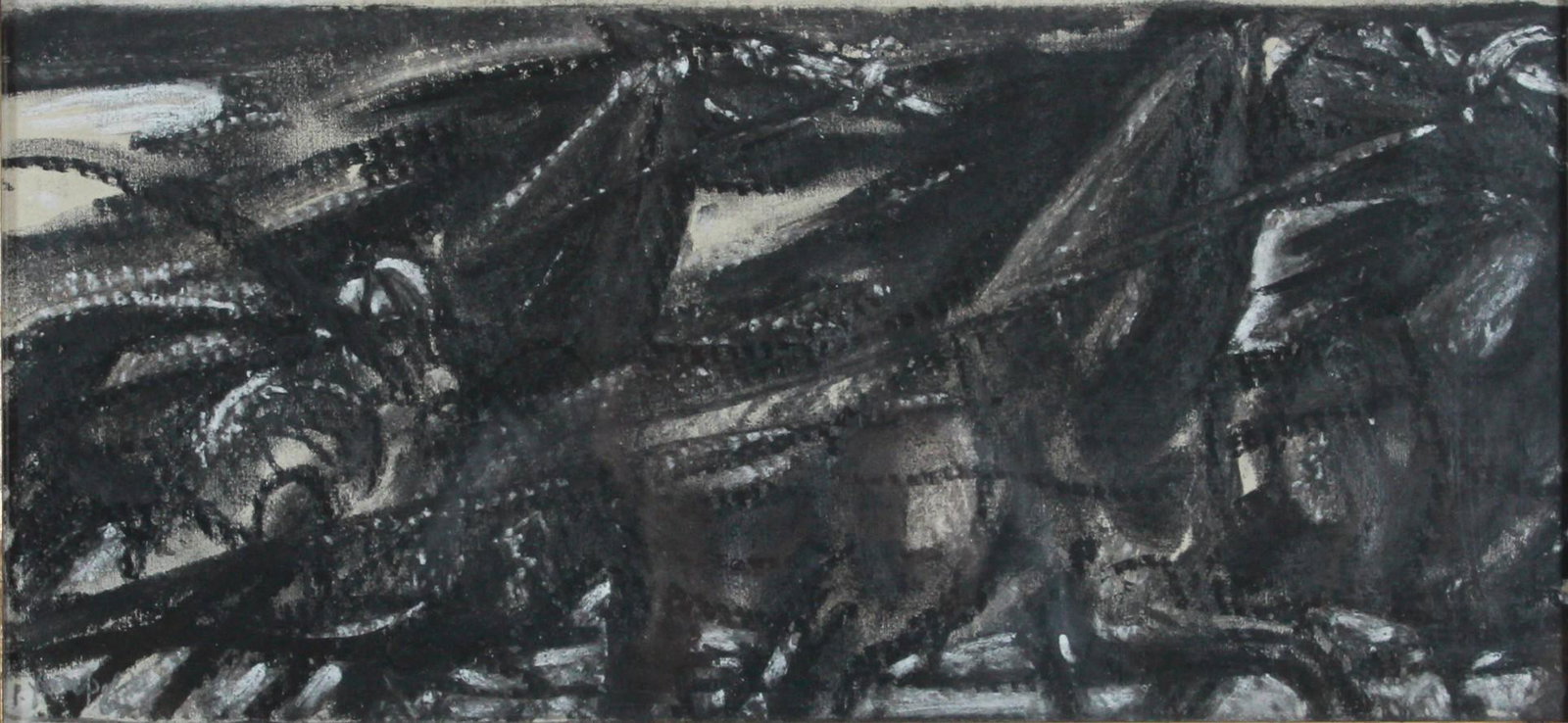 Signed Abstract Expressionist Painting: Signed Abstract Expressionist painting, mixed media on board, illegibly signed, mounted in antique gilt frame, 9" x 18-1/2", framed 14-1/2" x 24", good condition, wear and damage to frame