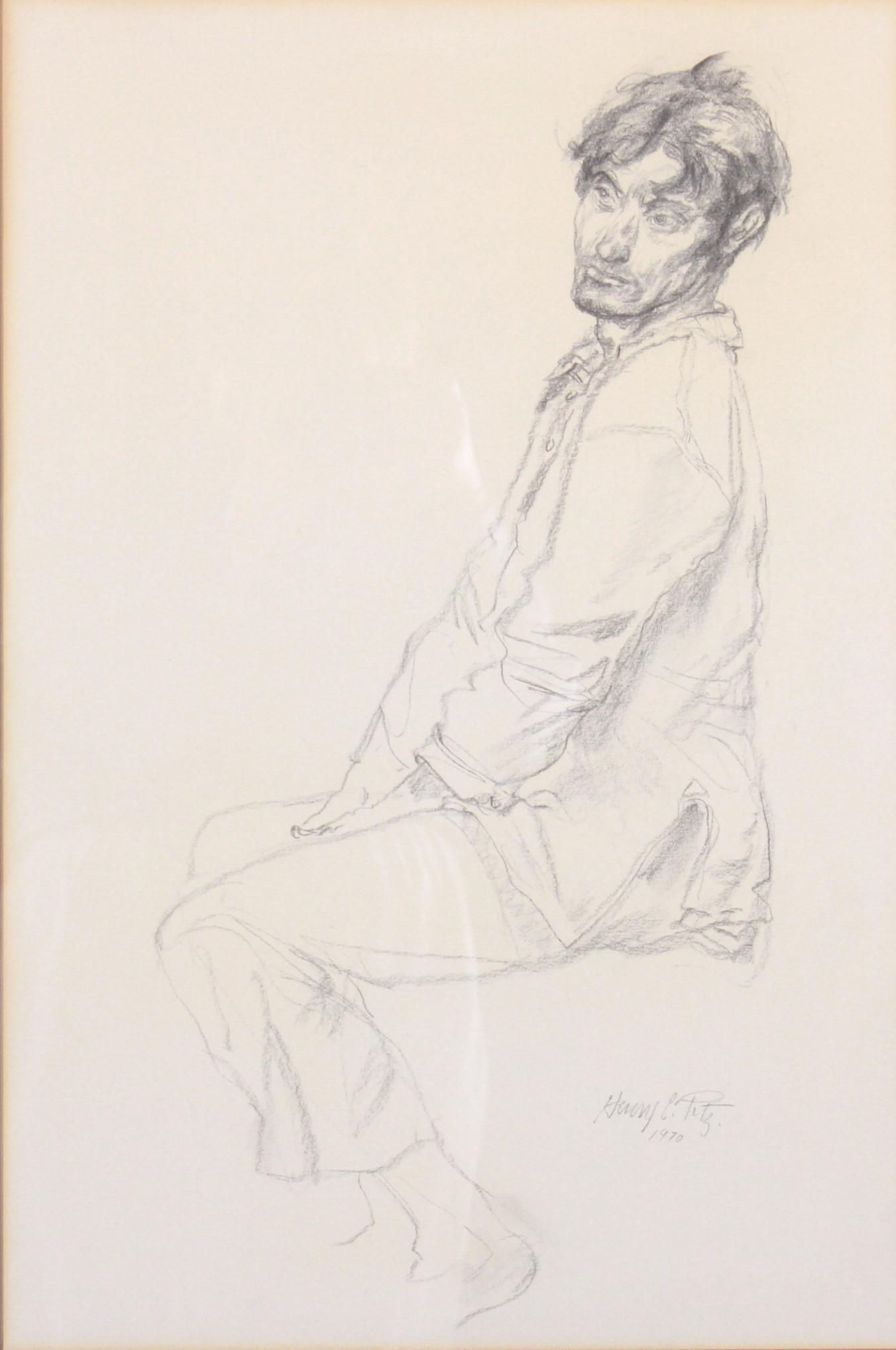 Henry C Pitz Drawing "Seated Man": Henry C Pitz (American, 1895-1976) PA artist, drawing "Seated Man", graphite on paper, pencil signed "Henry C. PItz 1970", 22-1/2" x 14-7/8 sight, framed 30-1/4" x 22-1/4", good condition, visible mat