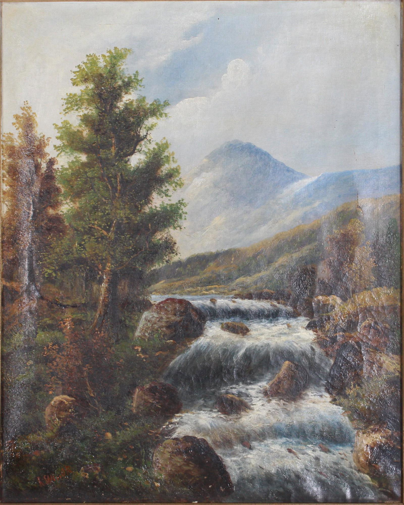 Hudson River School Landscape Painting: Hudson River School landscape painting "Mt. Marcy Peak, N.Y.", oil on canvas, illegibly signed lower left, 27" x 22", framed 30" x 25", 4" tear middle right side