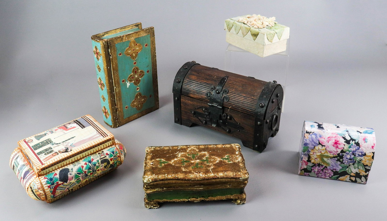 (6) Small Storage Boxes: (1) Treasure chest decorated storage box, (2) Antique style storage boxes, and (3) paper jewelry boxes.