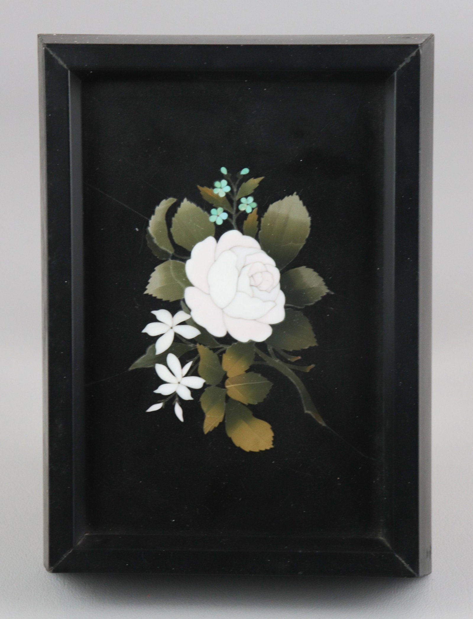 Framed Pietra Dura Rose Plaque: Framed Pietra Dura rose plaque, using cut and fitted, highly polished colored stones to create image, 7-5/8" x 5-1/2" overall