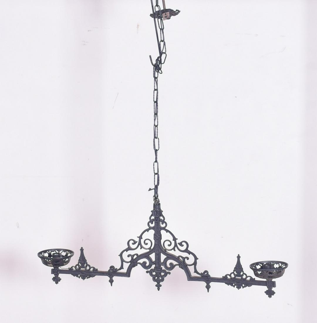 Victorian style pierced metal hanging light: Victorian style pierced metal hanging light, black painted, two etched globes, 15"h x 39"w