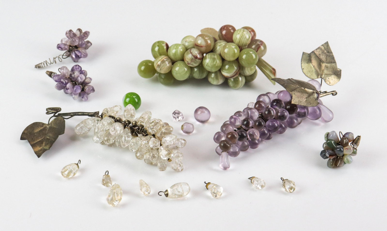 (6) Miniature Stone Grape Clusters: (6) Miniature stone grape clusters, marbles & beads, longest approx 5", some grapes & leaves need to be reattached