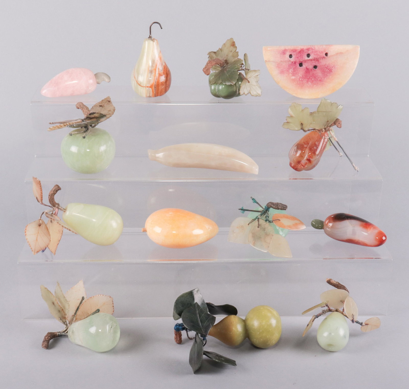 (14) Pcs Carved Stone Fruit: (14) Pcs carved stone fruit, including banana, watermelon, pears, apples, peppers, gourds, longest 6"