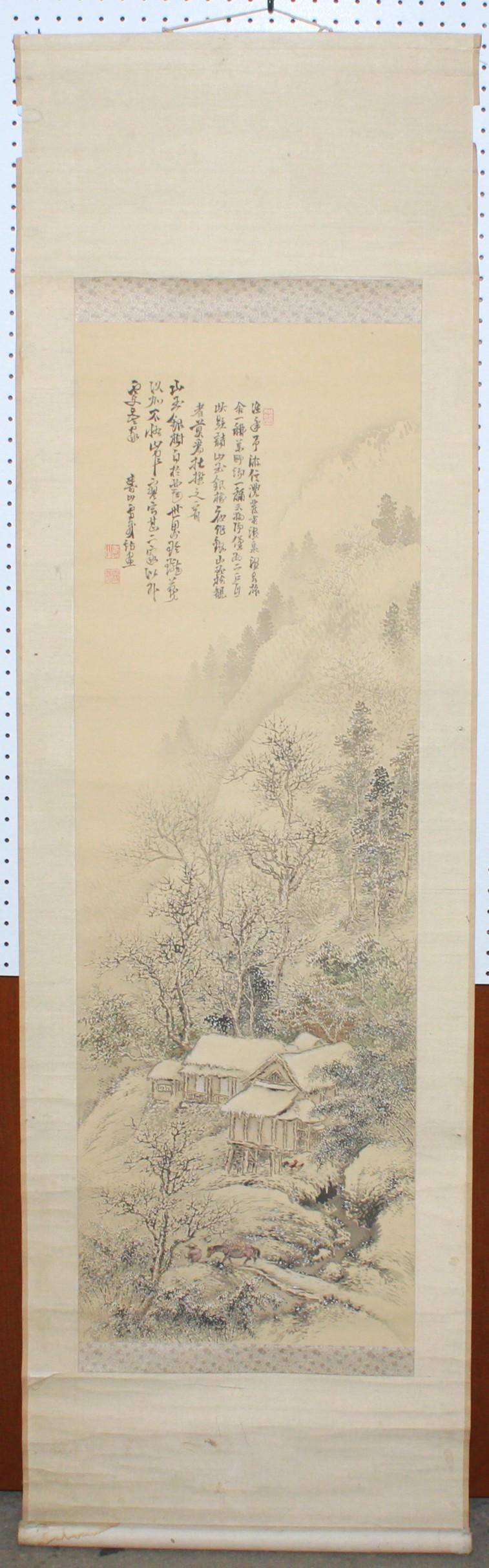Chinese Scroll with Winter Landscape: Chinese scroll with winter landscape, ink & watercolor on silk, 48-1/2" x 16-1/4" sight, 75" x 21-3/4" overall, good condition, tattering to backing