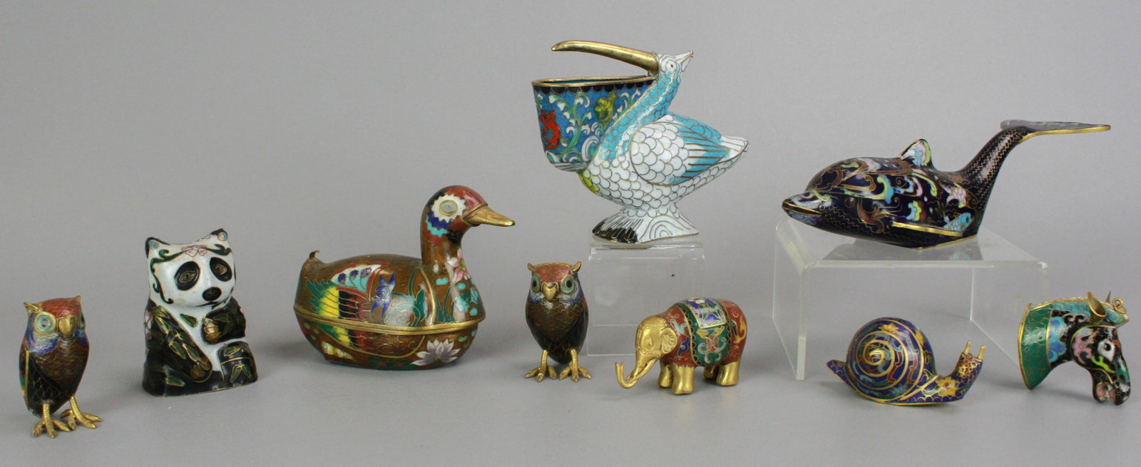 (9) Chinese Cloisonne Animal Figures: (9) Chinese cloisonne animal figures, c/o dolphin, panda bear, (2) owls, snail pelican, horse head charm, duck box, largest 7" l