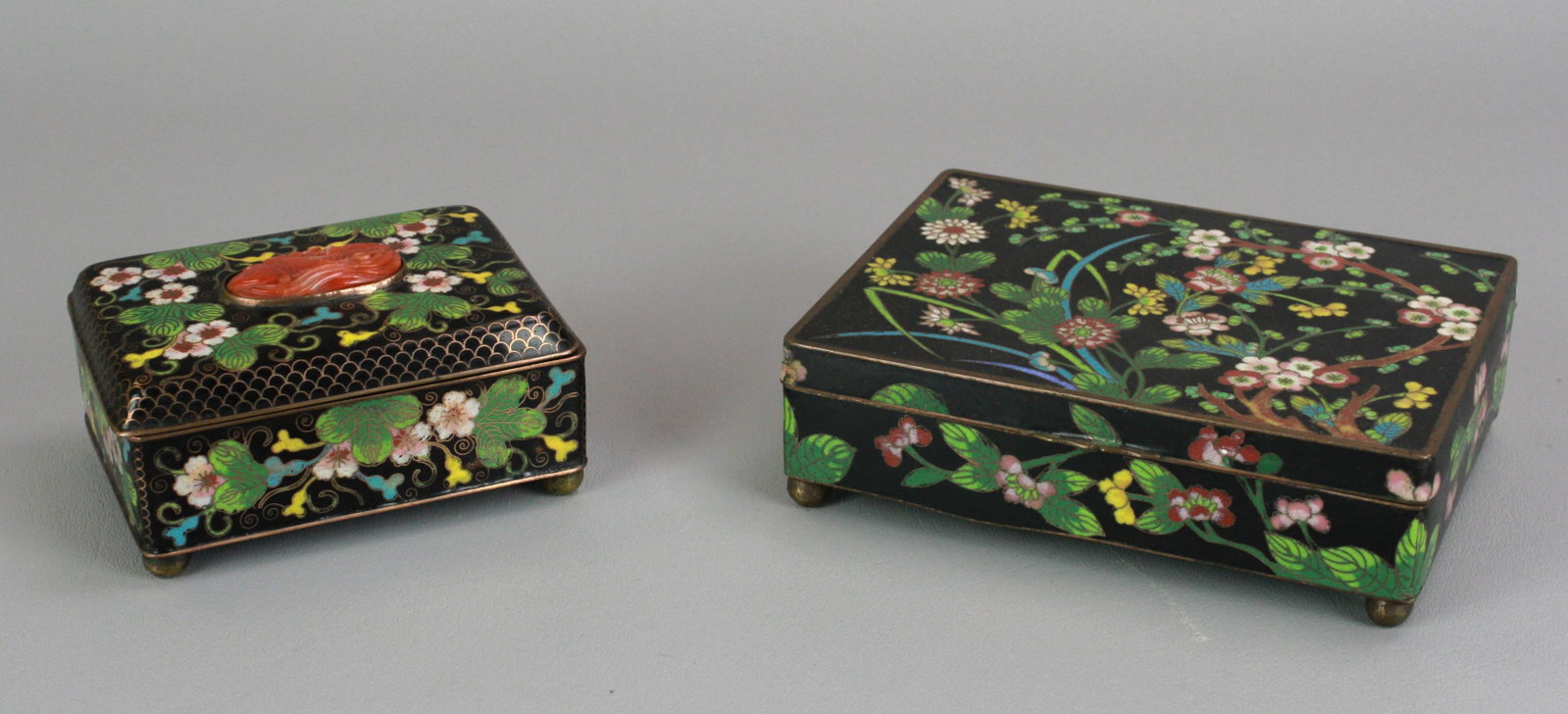 (2) Chinese Cloisonne Hinged Boxes: (2) Chinese cloisonne hinged boxes, c/o 6" x 4-1/2" x 1-3/4" h with divided interior, 4-1/4" x 3" x 2" with carved koi fish stone insert