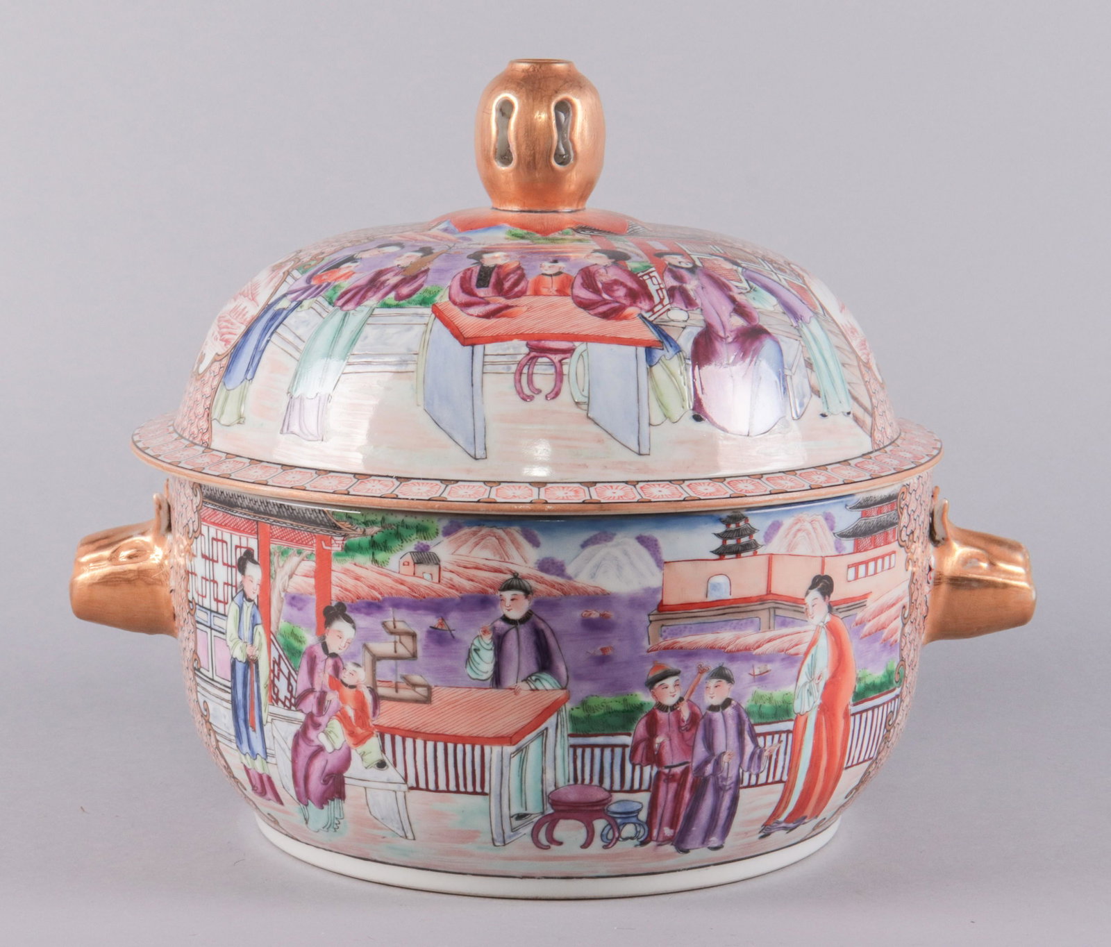 Chinese Mandarin Covered Casserole: Chinese porcelain Mandarin style covered casserole, gilt bull head handles, unmarked, 11" dia x 10" h, Loss to glaze, some divots and glaze pops, roughness to glaze in areas