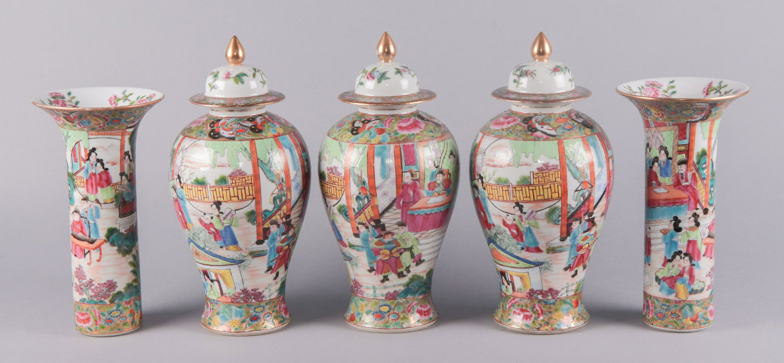 5-Piece Chinese Mandarin Garniture Set: 5-Piece Chinese Mandarin style mantel garniture set, c/o (3) covered jars, unmarked, 12" h, (2) beaker vases, unmarked, 9-3/4", from left to right - some glaze pops, some roughness to glaze - some inp