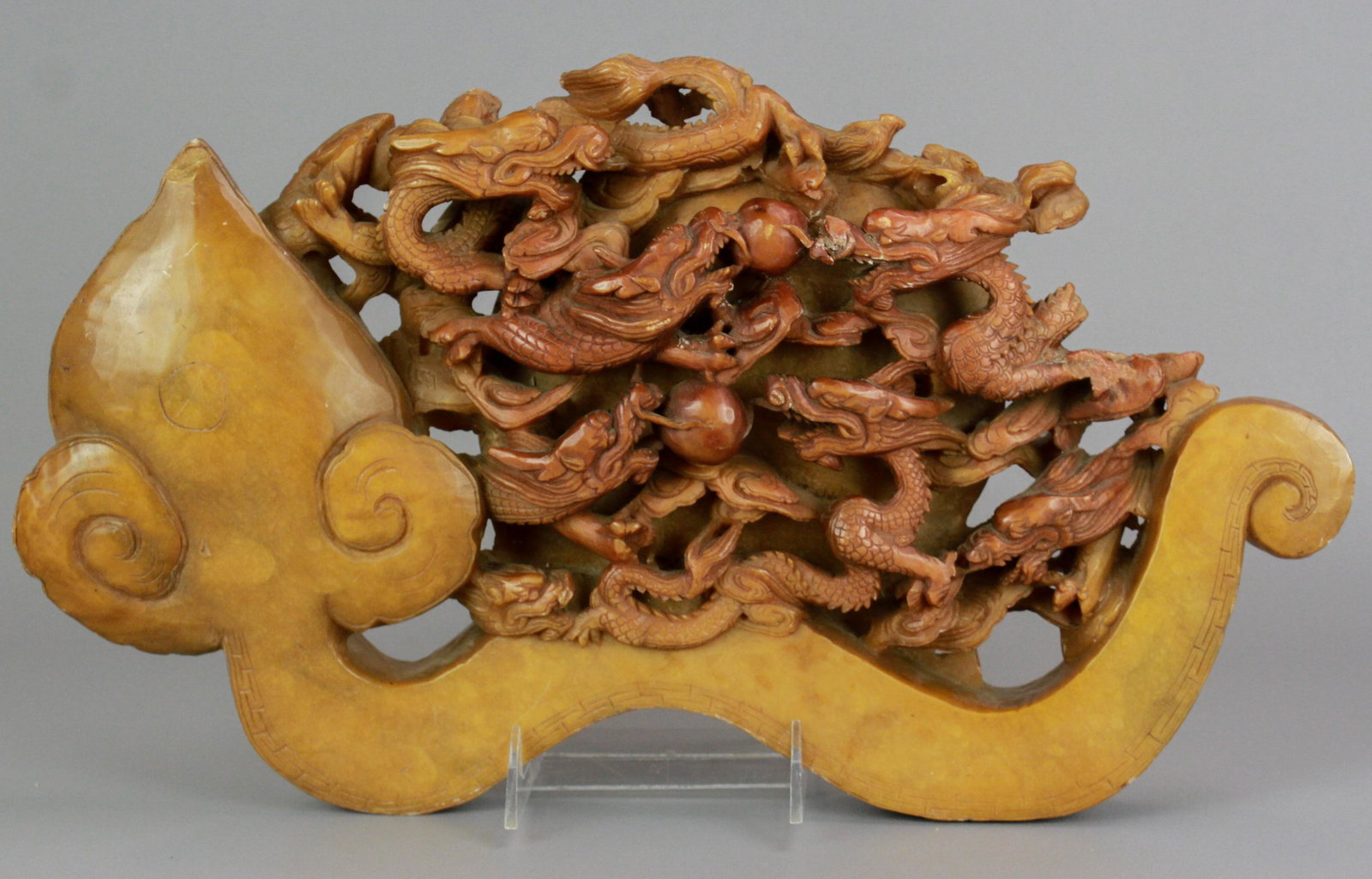 Large Chinese Stone Carving: Large Chinese stone carving, dragons with flaming pearls, 17-1/2" x 10-1/2"