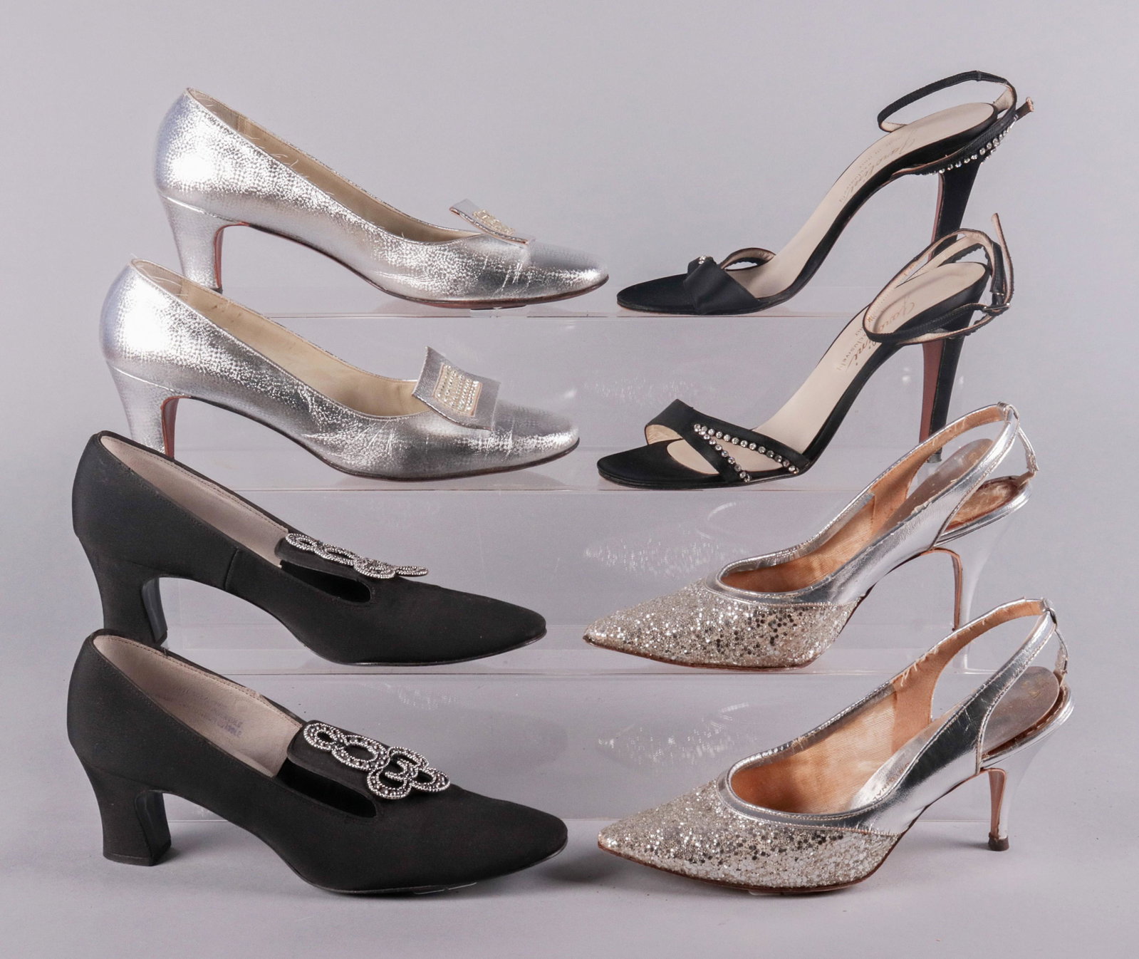 (4) Pair 1960/70's Shoes: (4) Pair 1960/70's shoes Caprini silver metallic leather pump with low sculptural heel, oval toe and large rhinestone embellished silver metallic leather buckle at vamp, marked 8-1/2 AAA, Town and Cou