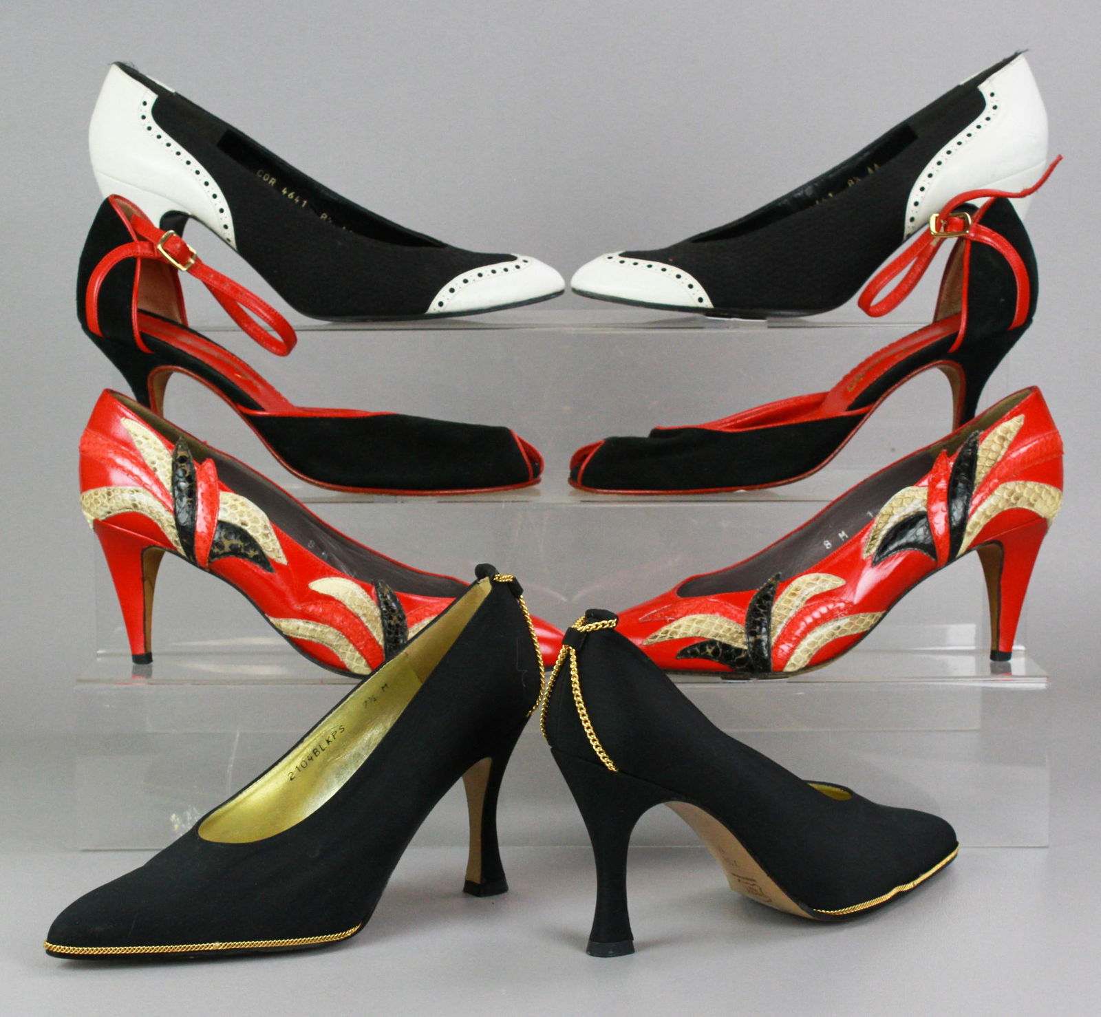 (4) Pair 1980's/90's Heels: (4) Pair 1980's/90's heels to include Charles Jourdan black silk and white leather spectator pump with Continental heel and pointed toe, 8-1/2AA, Sesto Meucci Ole black silk pump with high flange heel