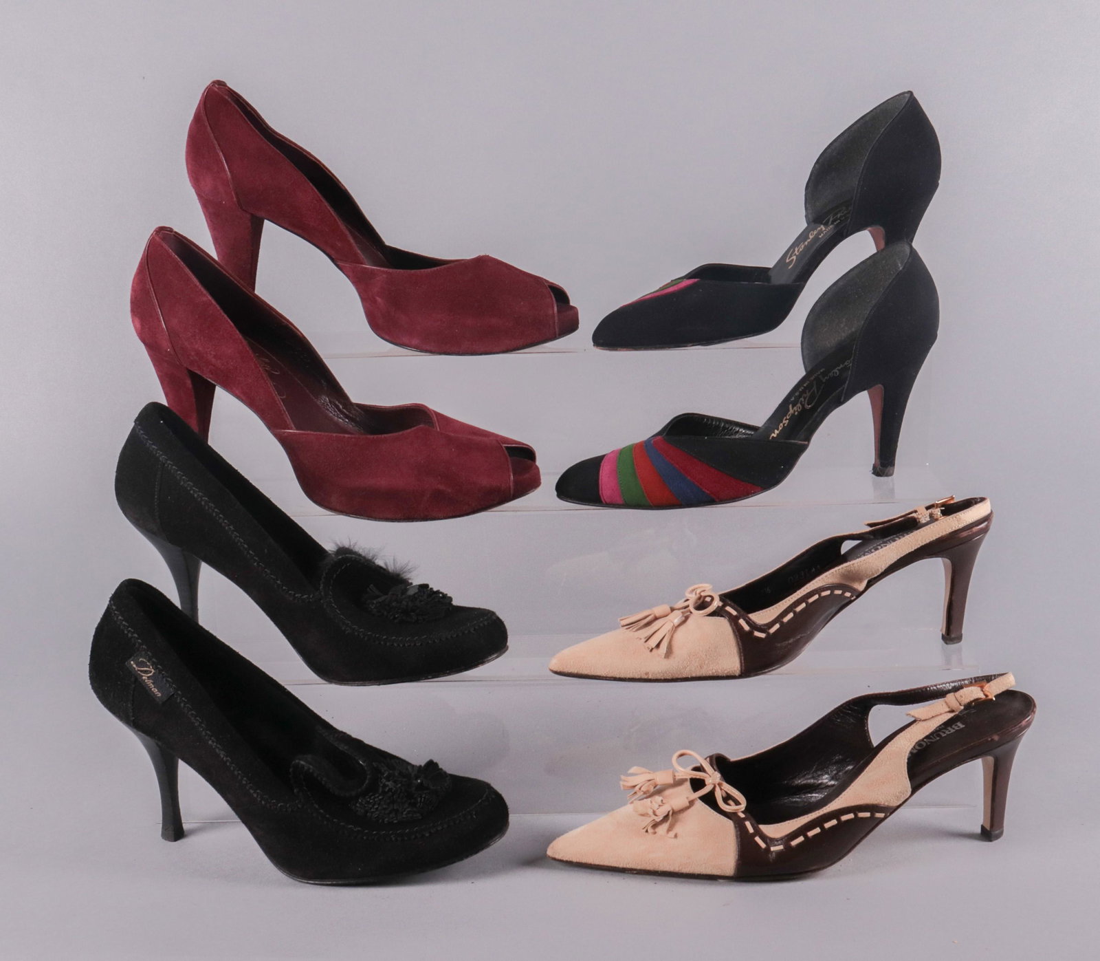 (4) Pair Suede 1980's/90's Heels: (4) Pair suede 1980's/90's heels to include Delman black suede moccasin-inspired pump with black leather stacked stiletto heel, round toe, fur lining and floral fringe vamp applique, marked 8M, Alexan
