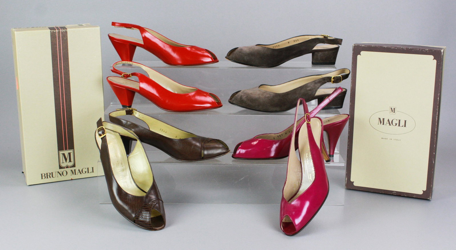 (4) Pair Bruno Magli Pumps: (4) Pair Bruno Magli slingback pumps to include brown leather and faux skin, magenta leather, red leather and taupe suede, all size 7B, (2) pairs unworn.