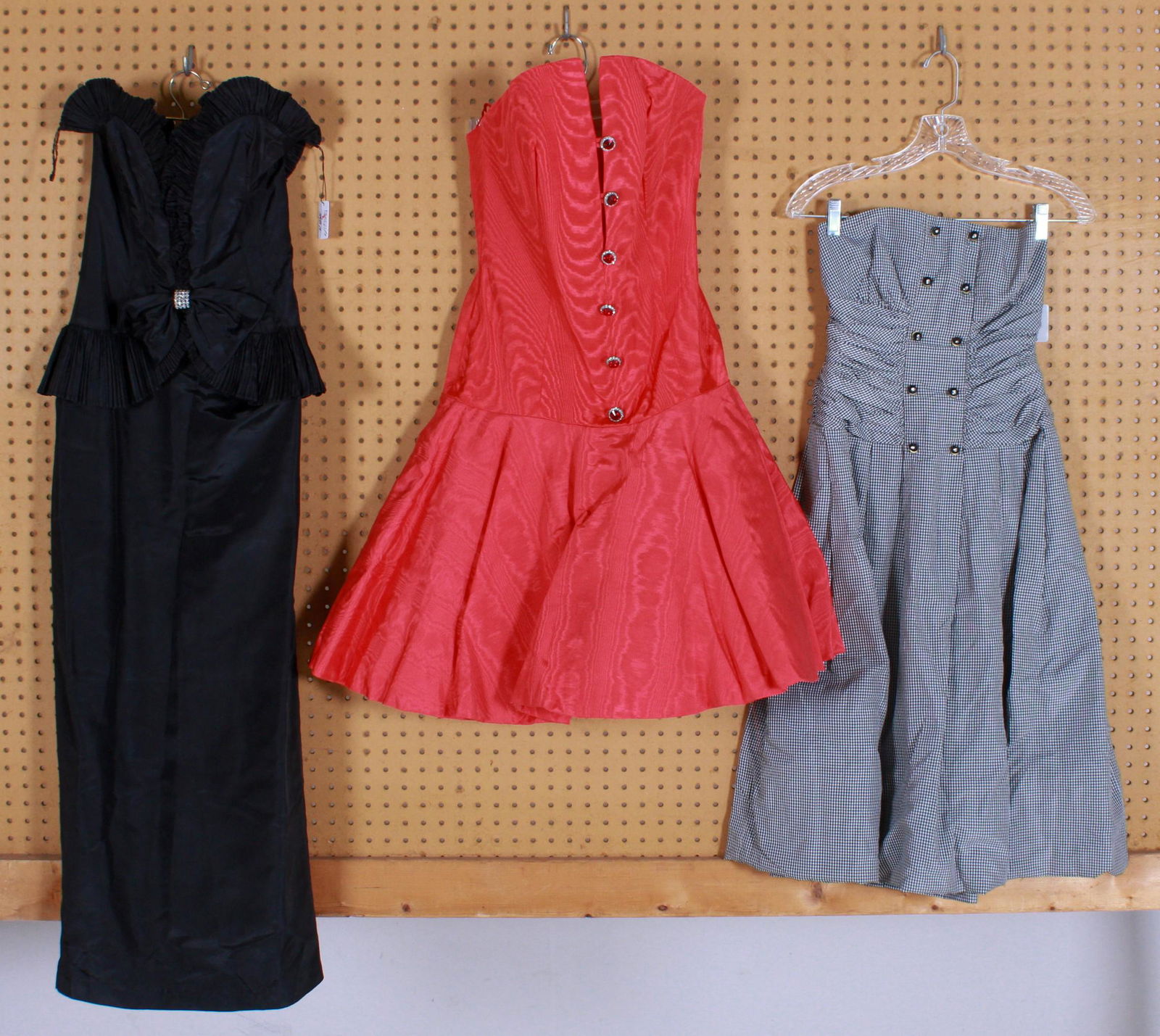 (3) 80's Evening Dresses: (3) 80's evening dresses to include gingham Morton Myles for The Warrens strapless flare double breated button front dress, marke size 4, rhinestone set buttons, Victor Costa for Bonwit Teller acetate