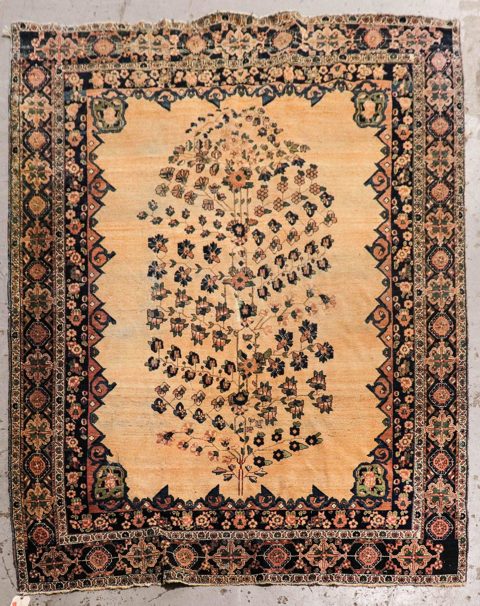 5' X 7'3" Tribal Area Rug: 5' X 7'3" "Tree of Life" tribal area rug; repairs, moth damage