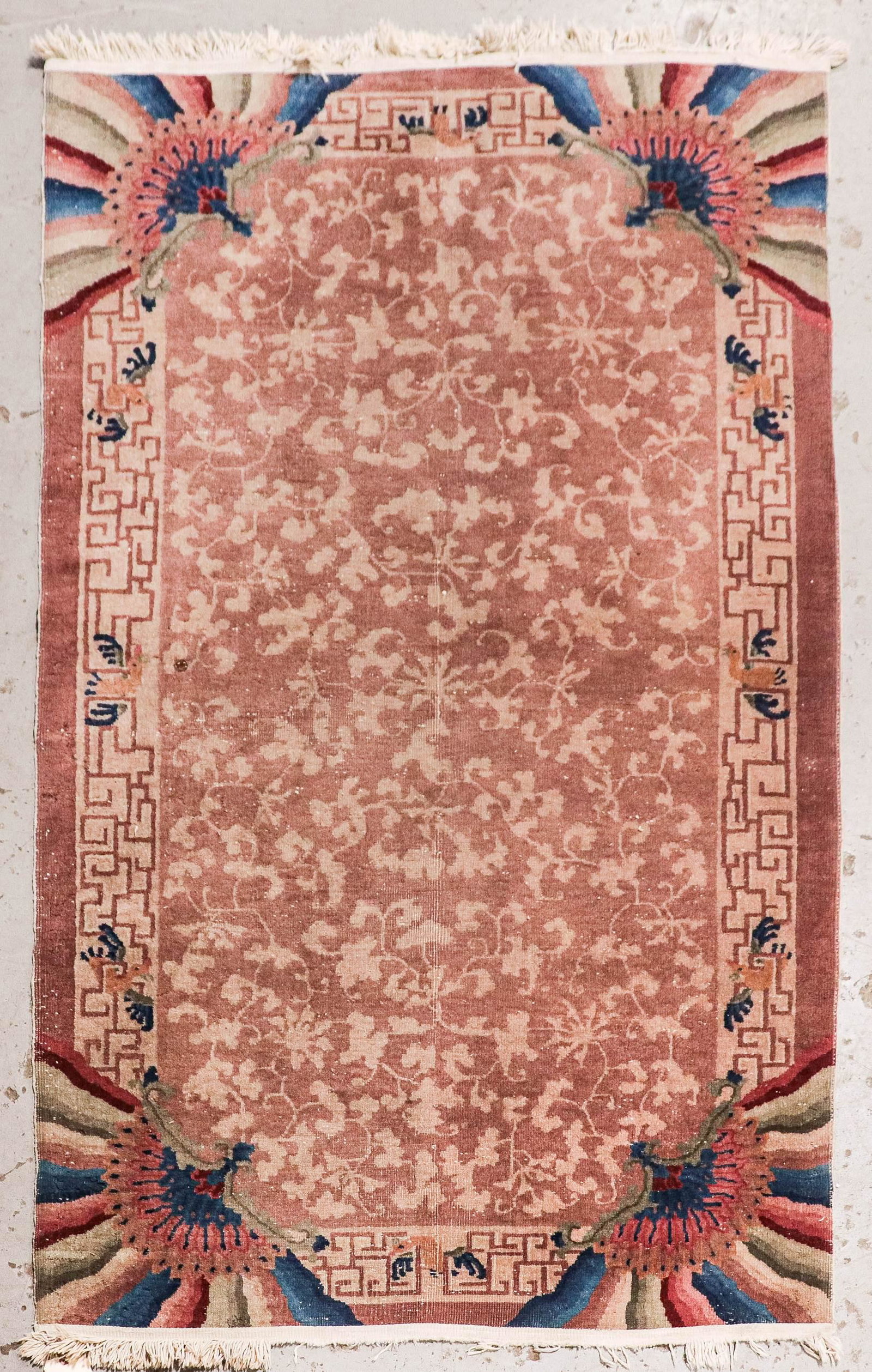 4' X 6'9" Peking Chinese Art Deco Rug: 4' X 6'9" Peking Chinese Art Deco Throw Rug; wear, moth damage, stains