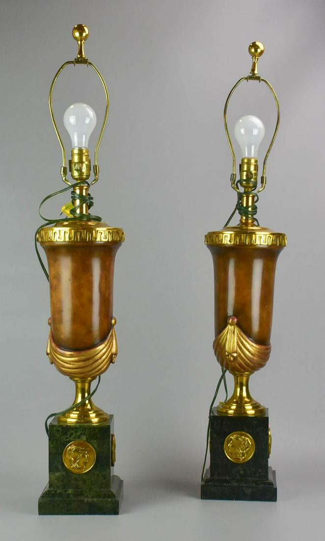 Pair Maitland Smith table lamps: Pair Maitland Smith urn form table lamps, Greek key and sway decoration, 34"h