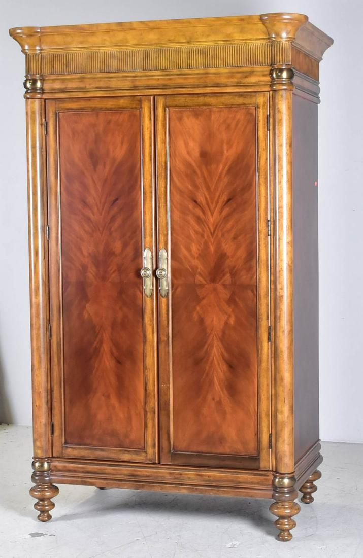 Regency Style Mahogany Bar Cabinet: Regency Style Mahogany Bar Cabinet, two crotch veneered doors, interior with marble top, glass shelf, drawers and wine rack, on turned legs, 84"h x 46"w x 26"d, interior marble repaired