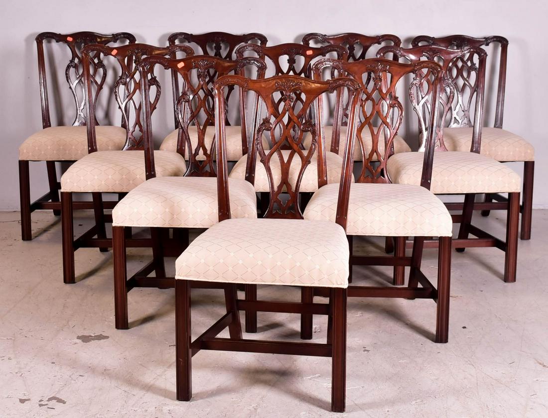 (10) Chippendale Style Mahogany Side Chairs,: (10) Chippendale Style Mahogany Side Chairs, pierced carved splat, upholstered seat, 39"h x 21"w x 19"d, one chair back needs a dowel replaced at top of post, see photo.