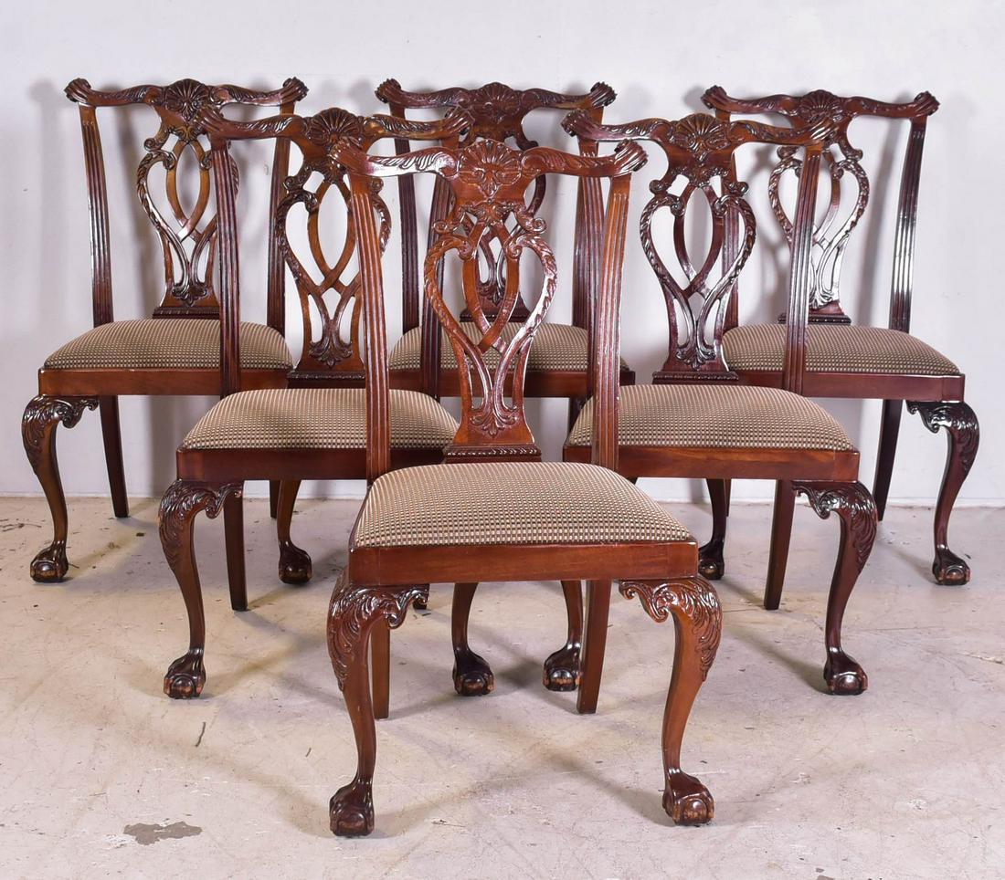 (6) Chippendale style mahogany side chairs: (6) Carved Mahogany Chippendale Style Side Chairs, pierced carved splats, carved knees on cabriole legs with claw and ball feet, upholstered slip seats, 31"h x 20"w x 19"d