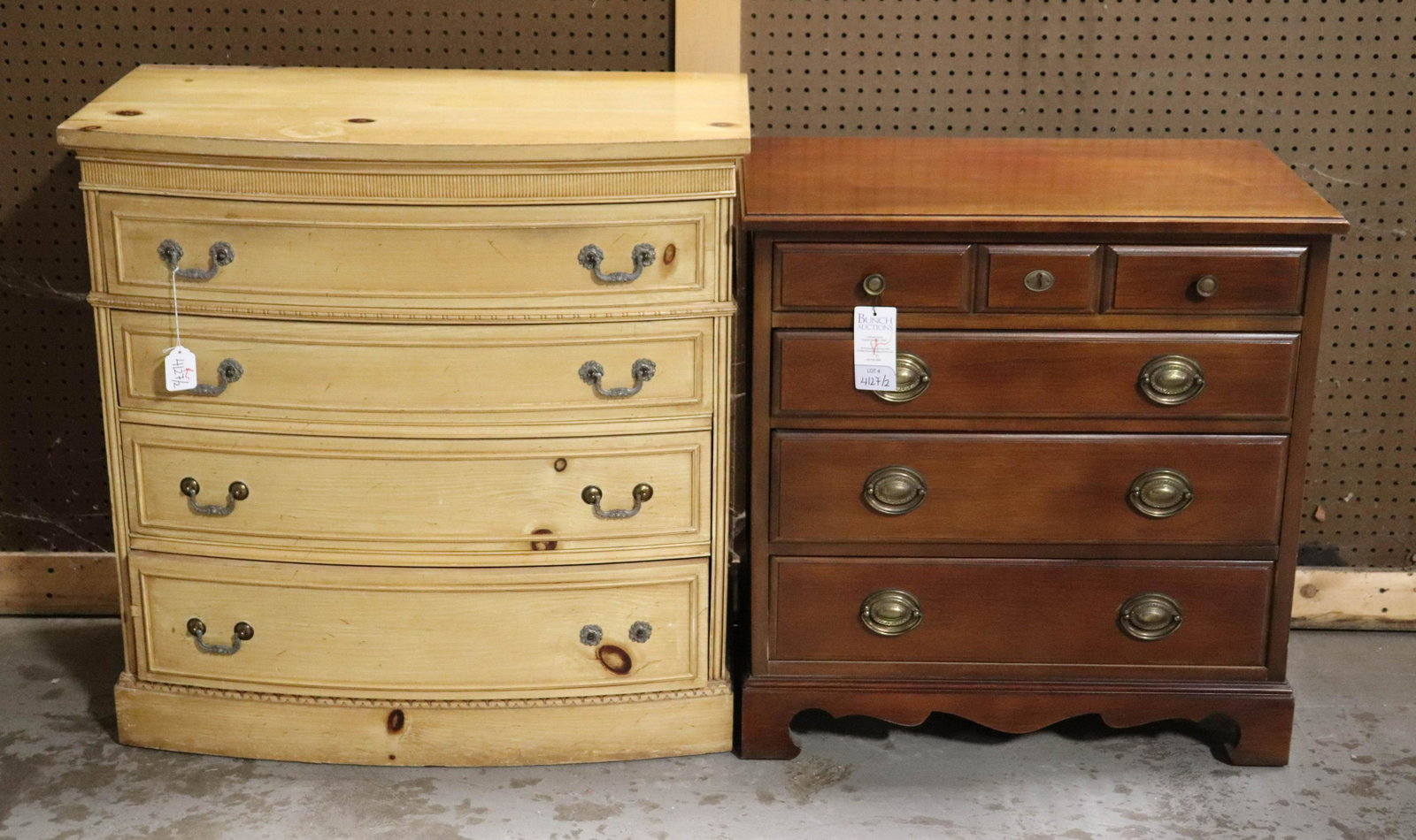 (2) Permacraft nightstand and Pine chest of drawers: Permacraft mahogany nightstand, four drawers, along with Pine bowfront chest of drawers, 32-1/2"h x 32"w x 17"d, each with light wear