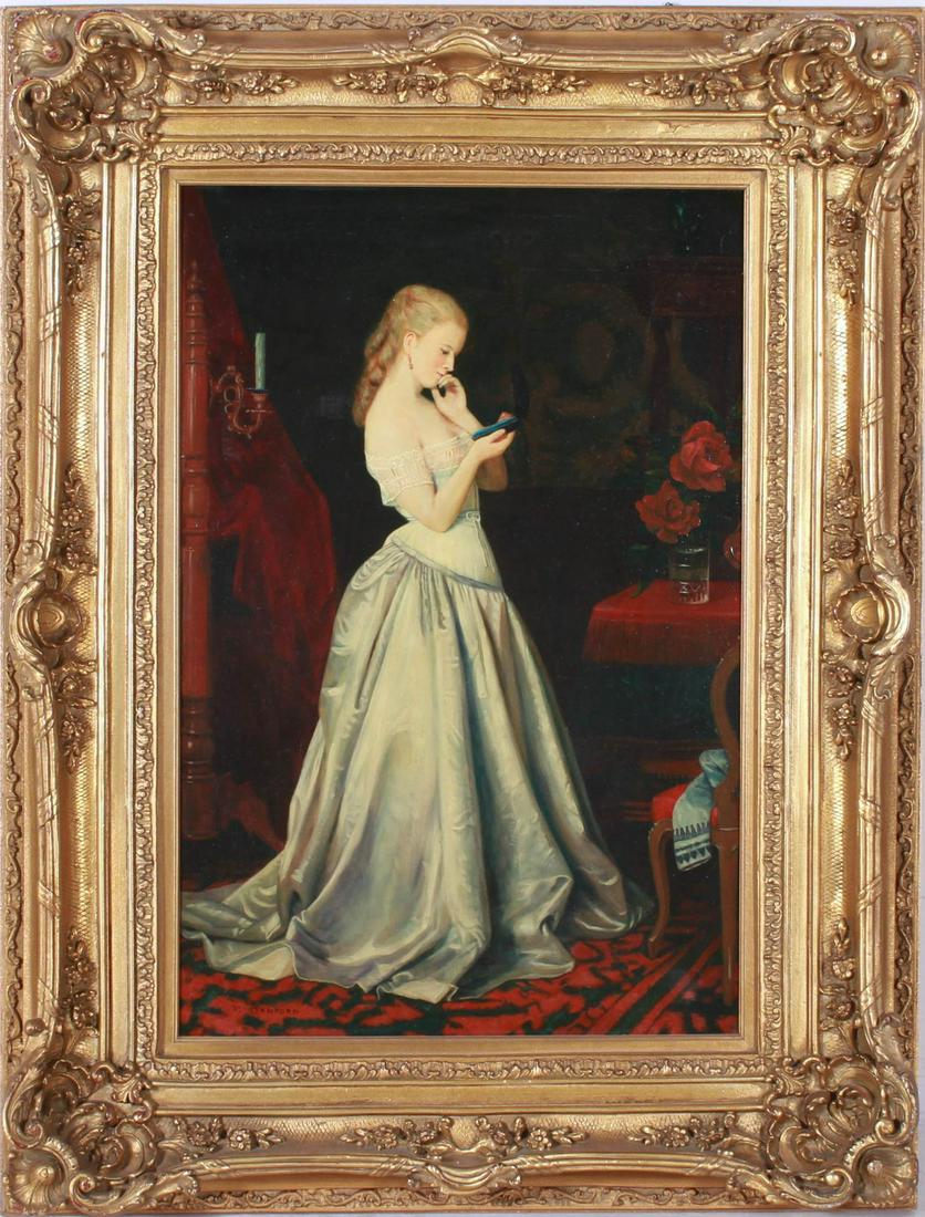 Reproduction Painting Young Girl Reading: Reproduction painting young girl reading, oil on canvas, signed "R. Stanford", 36" x 24", framed 50-1/2" x 38-1/2", very good condition