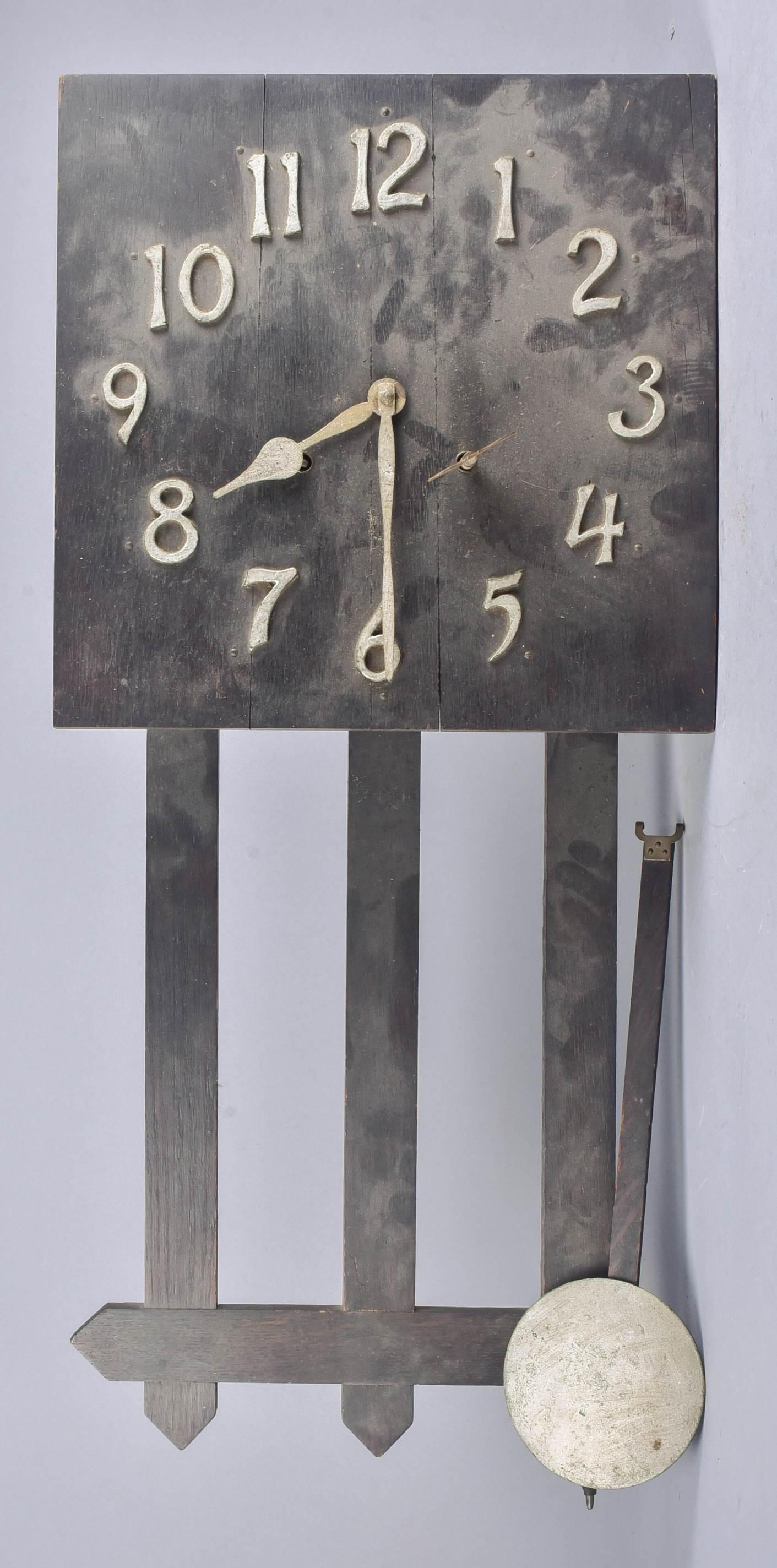 Mission Oak Wall Clock: Mission Oak wall clock, with pendulum & key, 27-1/2" h x 12-3/4" w