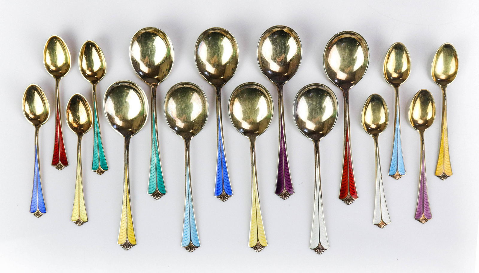 (16) David Anderson Sterling Spoons: (16) David Anderson sterling silver and enamel spoons, marked "Norway", c/o (8) 4" l demitasse, (8) " l bouillon, 6.66 TO, Very lite if any , Very good condition