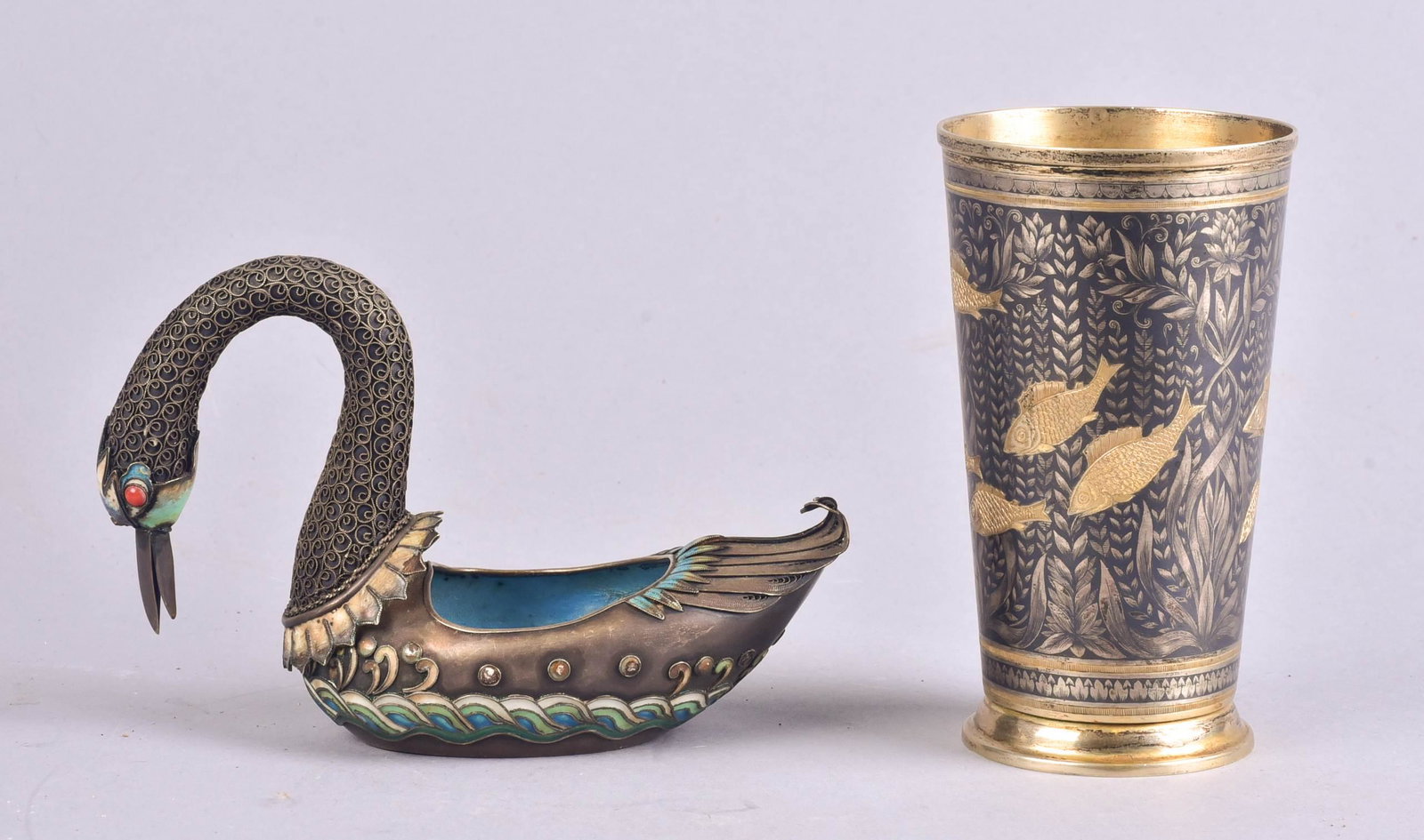 Russian Silver Niello Etched Cup and Swan Kovsh: Russian silver niello etched cup and swan kowsh, Russian silver cup stamped with star 875 at underside and 'BHJ' in cyrillic, 5-1/4" h, in etched and gold washed fish decoration against foliate ground