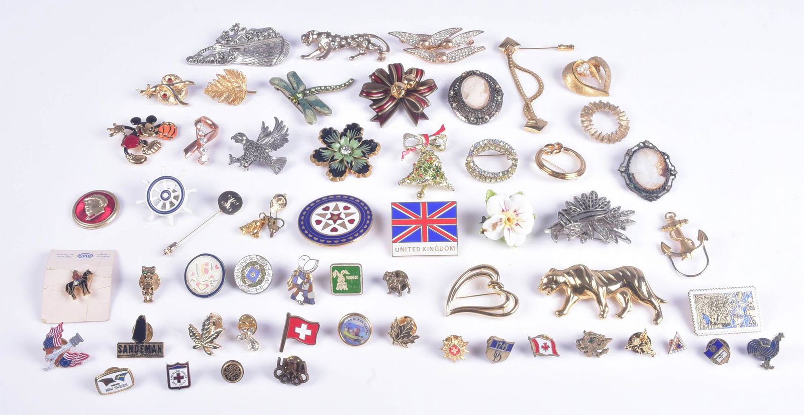 Collection of Brooches: Collection of Vintage brooches and pins , (26) brooches, incl, includes Napier Mickey Mouse pina and Monet panther pin and (29) pins, and (2) gold plated stick pins.