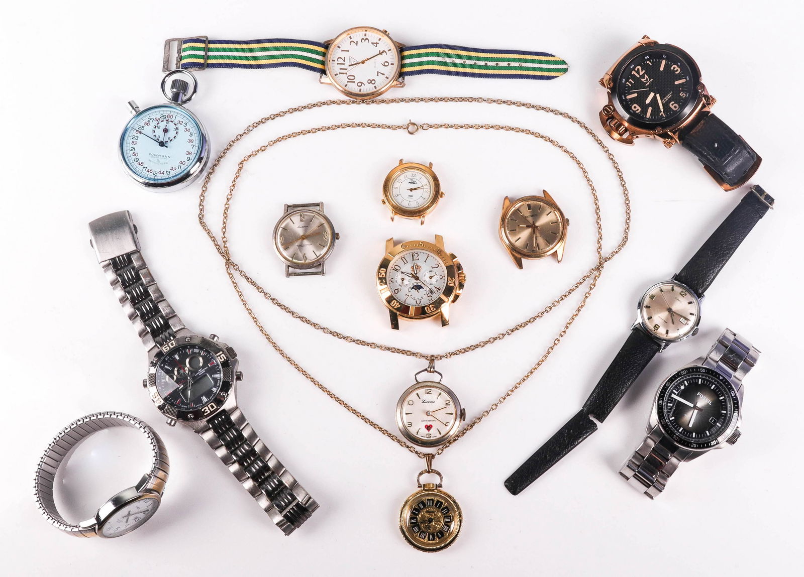 Men's Watch Lot: Men's Watch Lot C/O: (1) Two-tone wrist watch, (1) Guess watch with nato band, (1) Silver dial vintage Time, (1) Polo Watch (1) Vintage Seiko watch, no band, (1) watch signed "Lausanne", (1) Men's Fos