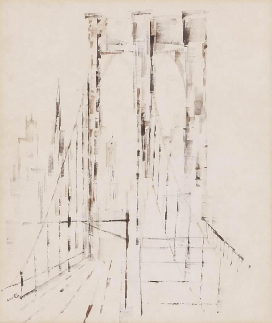 Margaret Layton Watercolor "Brooklyn Bridge": Margaret Layton, 20th C American, watercolor "Brooklyn Bridge", signed "Layton", 10-1/4" x 8-3/4" sight, framed 17-1/4" x 15-1/4", good condition with mat burn