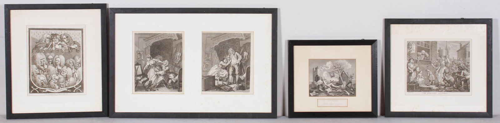 (4) William Hogarth Engravings: (4) William Hogarth (British, 1697-1764), engravings, "The Bathos", "The Company of Undertakers", "The Enraged Musician", and the set of (2) "Before and After", largest image 8-5/8" x 7", largest fram