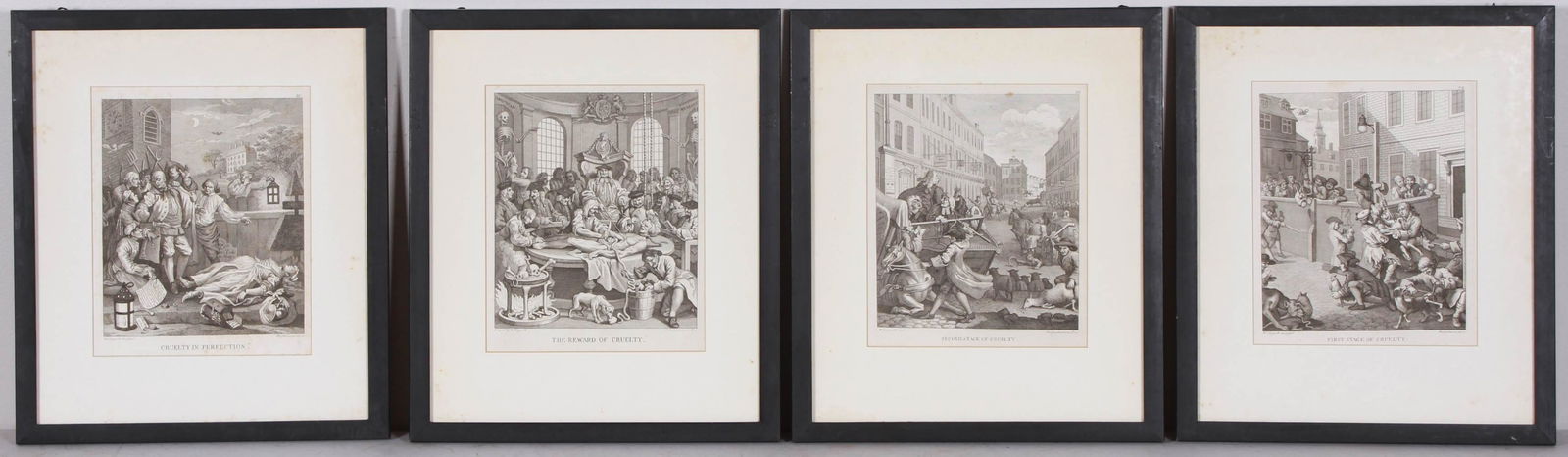 (4) William Hogarth "The Four Stages of Cruelty": William Hogarth (British, 1697-1764) "The Four Stages of Cruelty", set of four engravings including "The First Stage of Cruelty", "The Second Stage of Cruelty", "Cruelty in Perfection", and "The Rewar