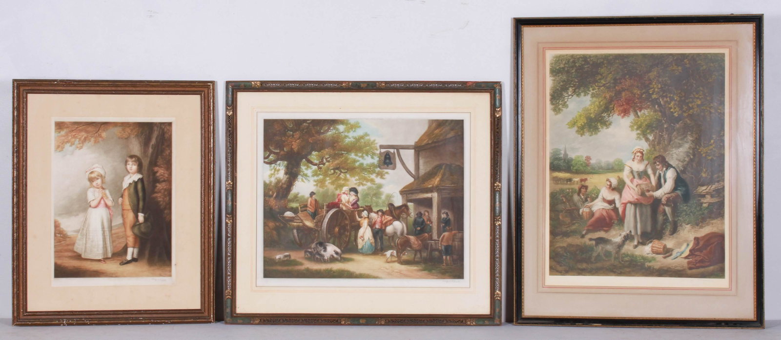 (3) Clifford James & L Busiere Mezzotints: Clifford James & L Busiere (3) mezzotints, depicting family genre scenes, each pencil signed, largest measures 24-1/4" x 18-1/4" image, largest framed size 33-3/4" x 26-3/4", good condition