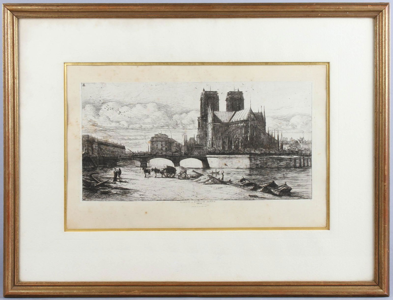 After Charles Meryon "L'Abside de Notre Dame de Paris": After Charles Meryon (French, 1821-1868), "L'Abside de Notre Dame de Paris", etching on paper laid down on backing paper, 5-3/4" x 11-1/2" image, margins trimmed to 1/16" of image, titled on backing p