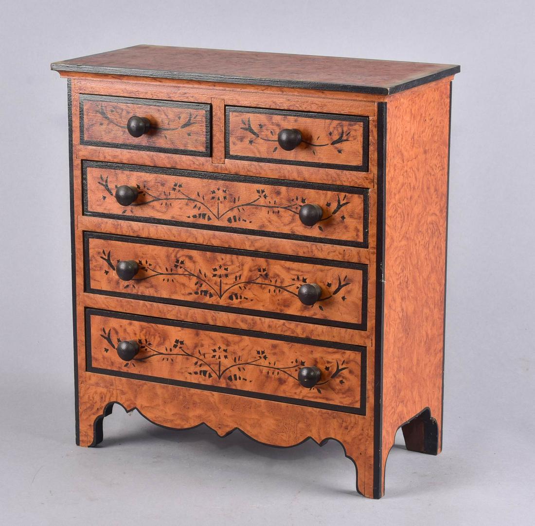 Miniature Chest of Drawers: Miniature chest of drawers, grain painted with folk floral stencil paint and black trim, 13"Lx6"Dx14-1/2"H, Stapled drawers