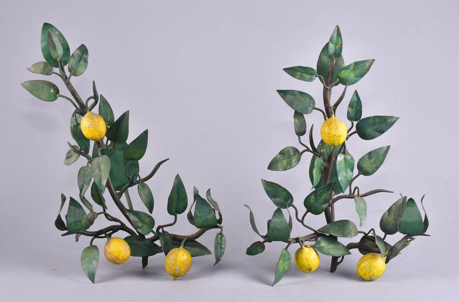 Pair of Bronze Lemon Wall Sconces: Pair of cold painted bronze 2-candle wall sconces, lemon branch form, 16-1/2" h, 2-lite candlestick sconces