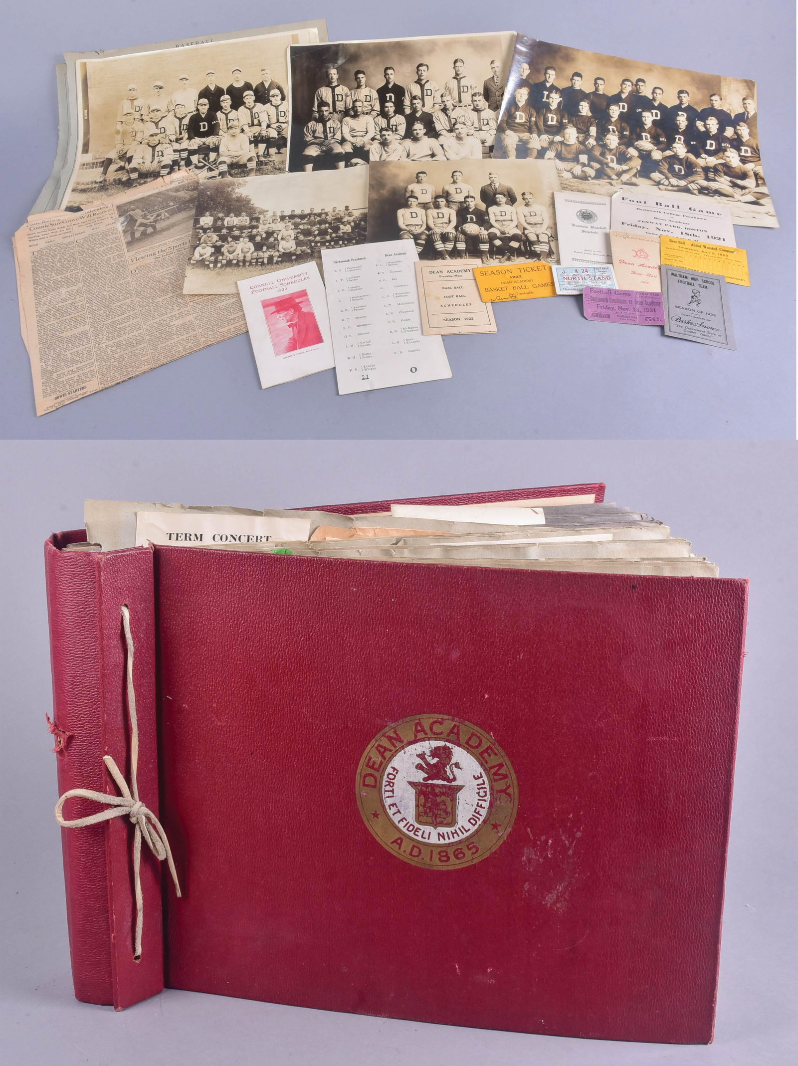1920/30's Dean Academy Sports Scrapbook: 1920/30's Dean Academy sports scrapbook to include (5) Dean Academy team pictures, (2) ticket stubs, 1922 team schedule, 1902 baseball schedule, (4) various stub schedule football 1922 Cornell schedul