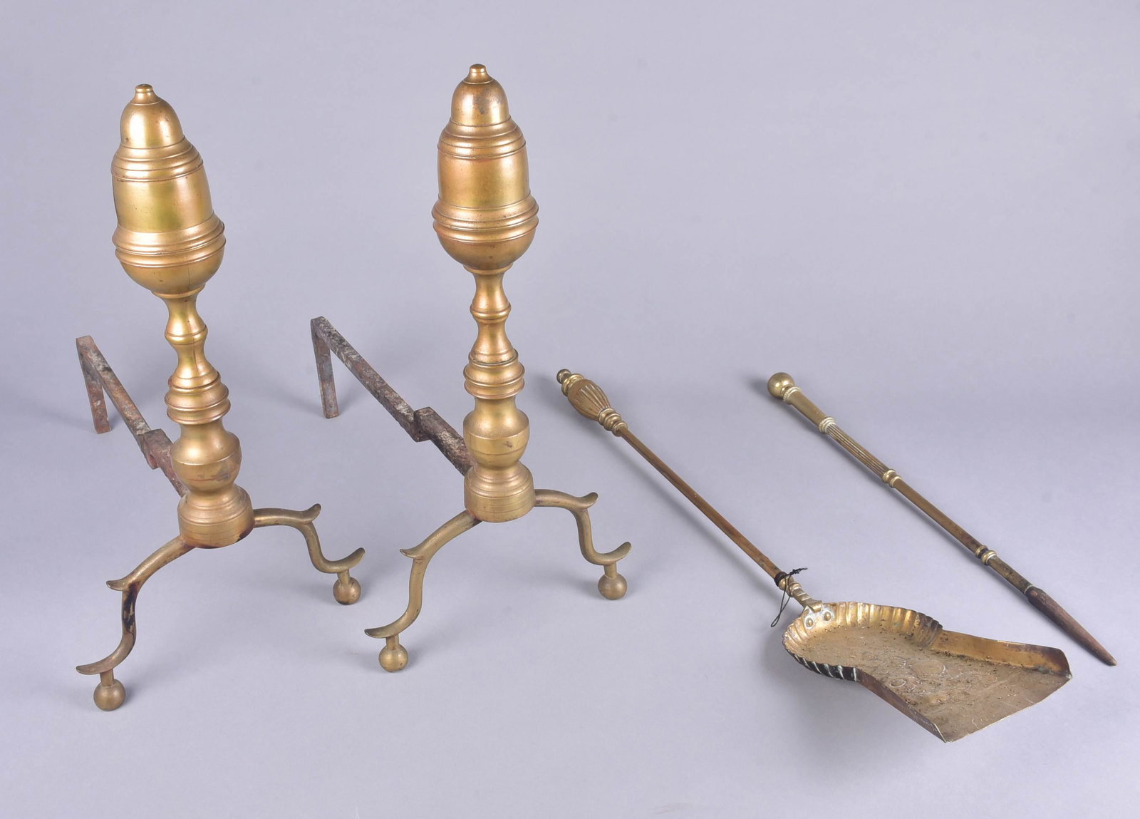 (4) Federal Style Acorn top andirons and tools: Federal Style Acorn top andirons, also to include shovel and poker, 17-1/2" h
