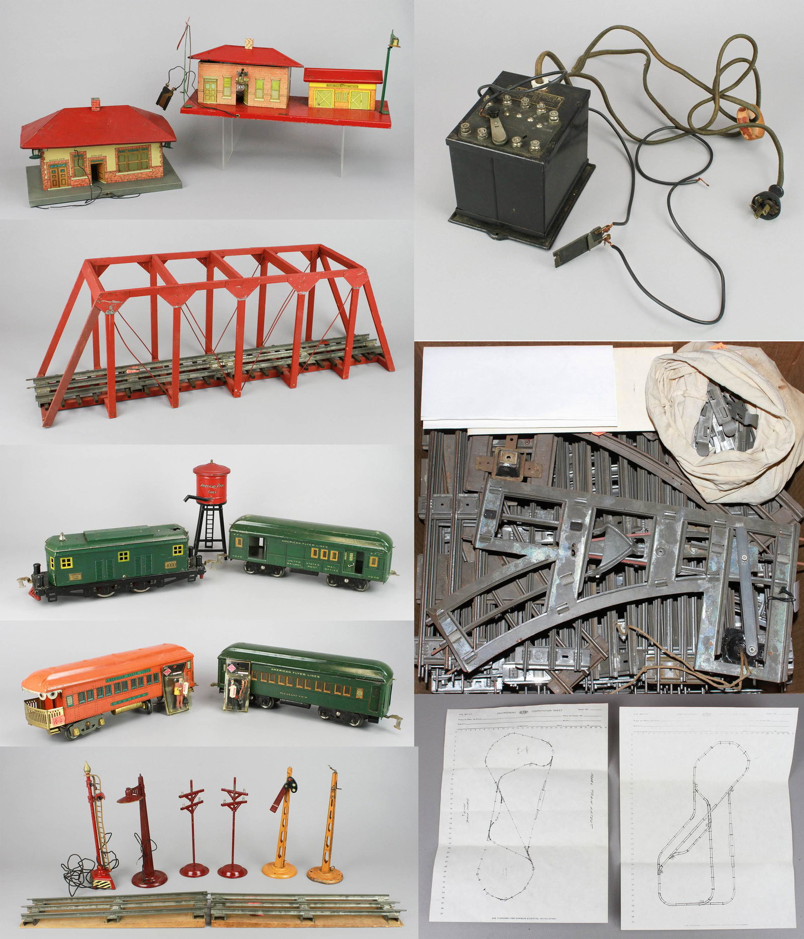 Vintage American Flyer Train, Station and Track: Vintage American Flyer train, station and track to include standard gauge 4000 locomotive, pleasant view passenger car 4041, United States Mail railway post office/baggage mail car 4040, Yorktown obse