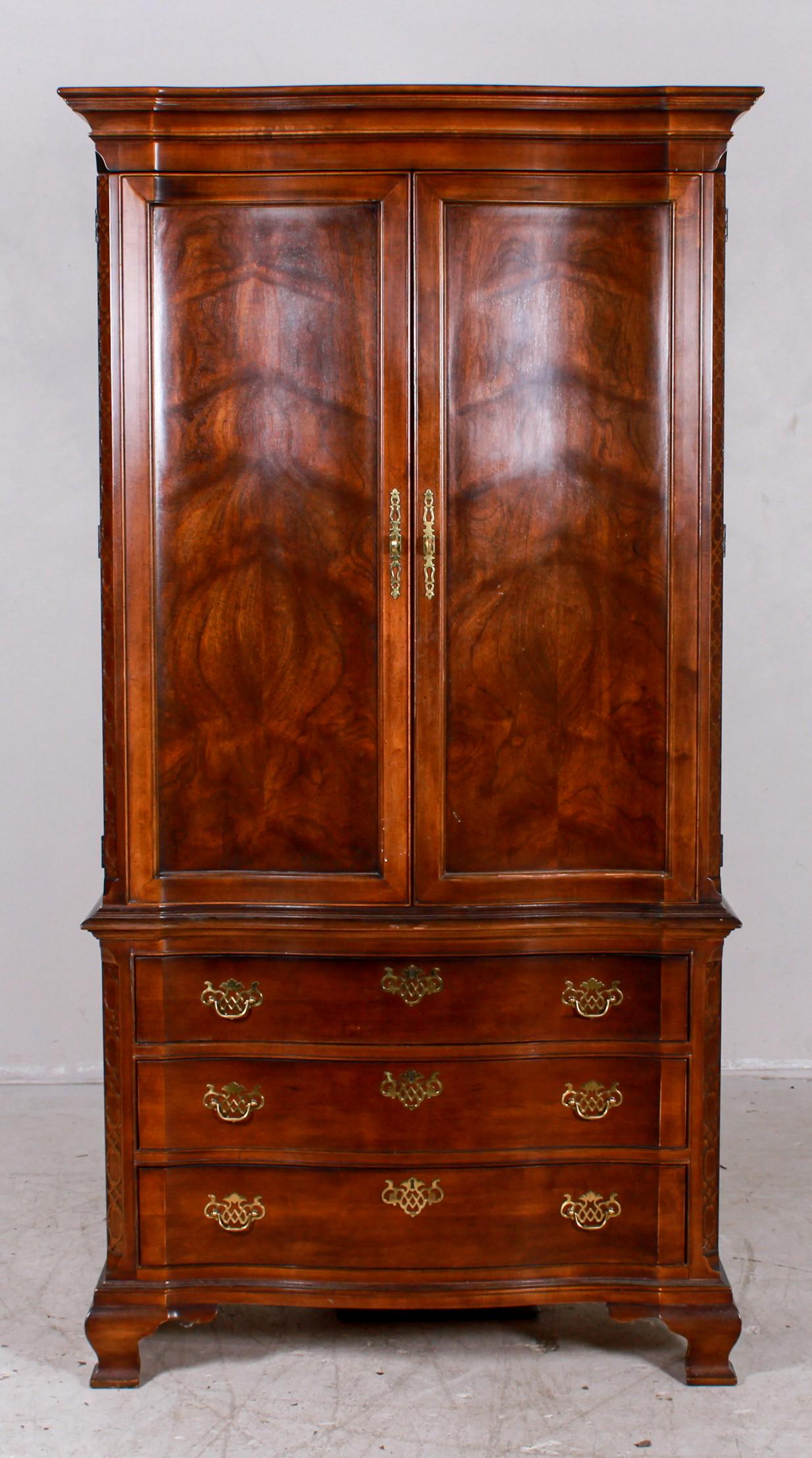Henredon walnut finished serpentine front wardrobe: Henredon walnut finished serpentine front wardrobe, top with two doors with interior with shelf and two drawers, base with three drawers, 80"h x 41"w x 20"d