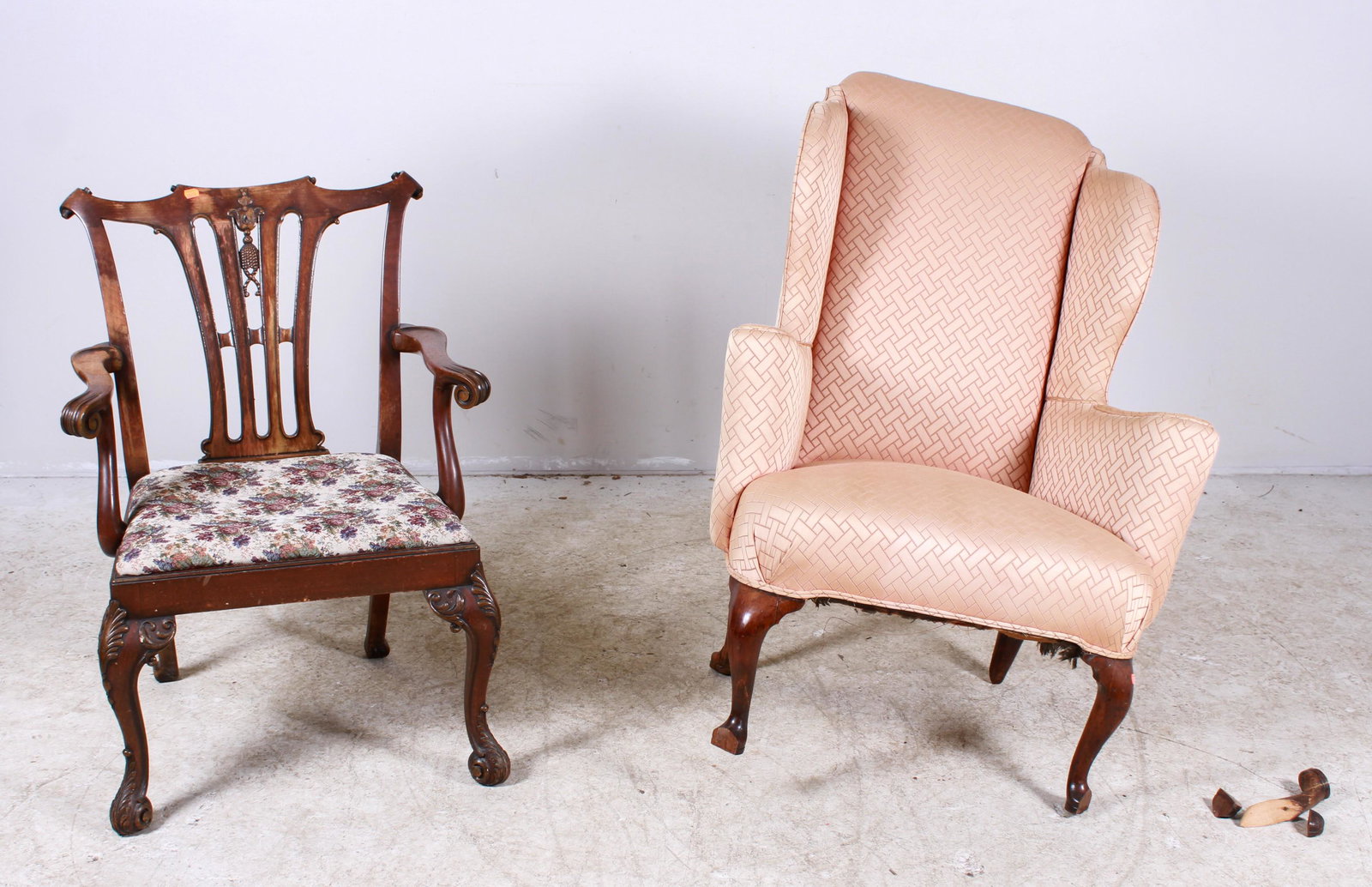 (2) Chippendale style armchair and Queen Anne style: 19thC Chippendale style carved mahogany armchair, pierced splat back, scrolled arms, cabriole legs with acanthus leaf at knees, 38-1/4"h, along with Queen Anne style upholstered wing chair, front bloc